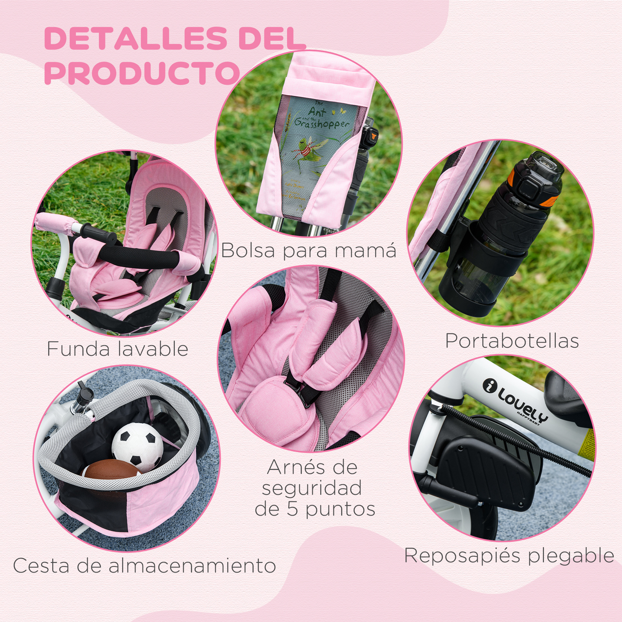 Detalles del cochecito rosa: bolsa, portabotellas, arnés, cesta, reposapiés.