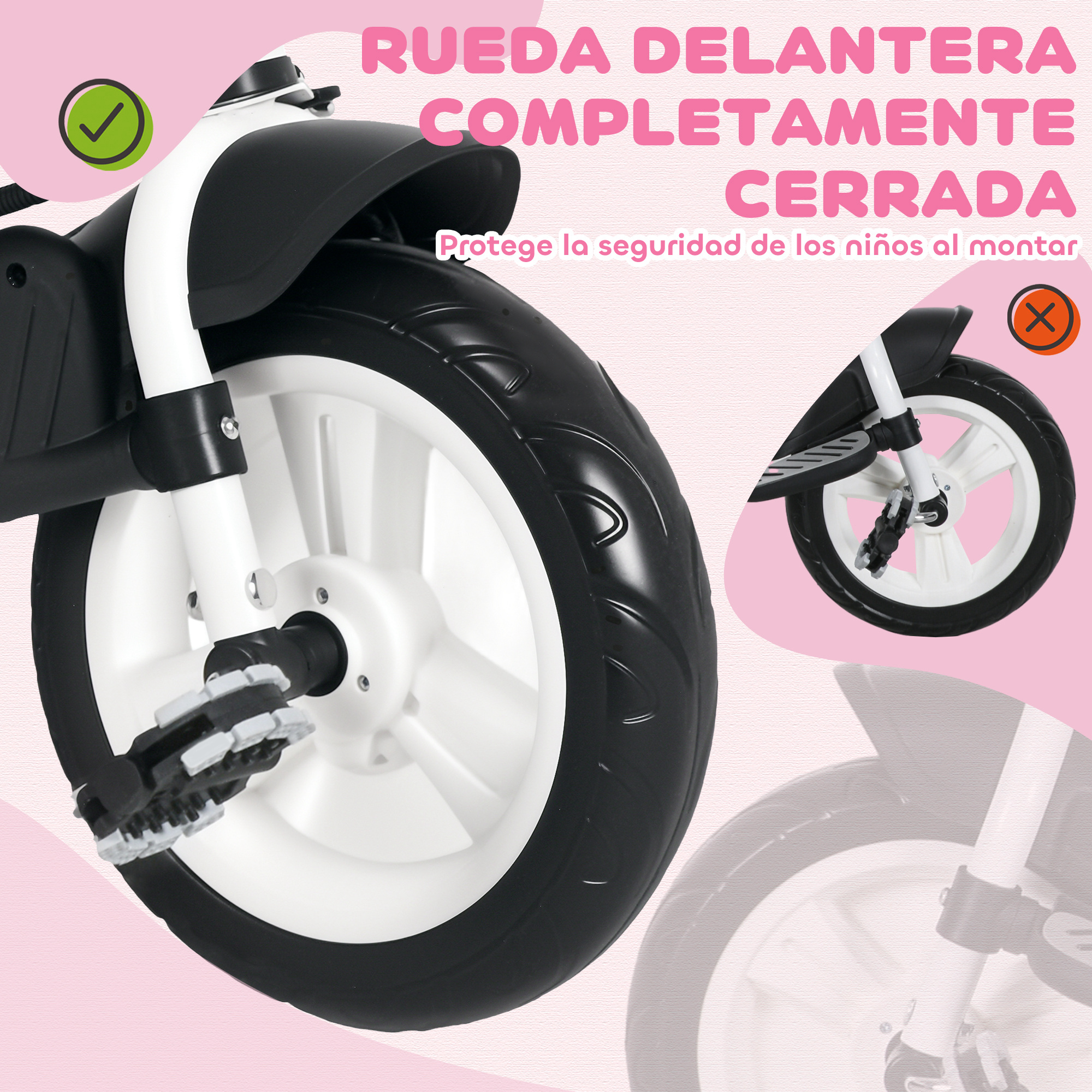 La rueda delantera está completamente cerrada. Seguridad infantil al montar.