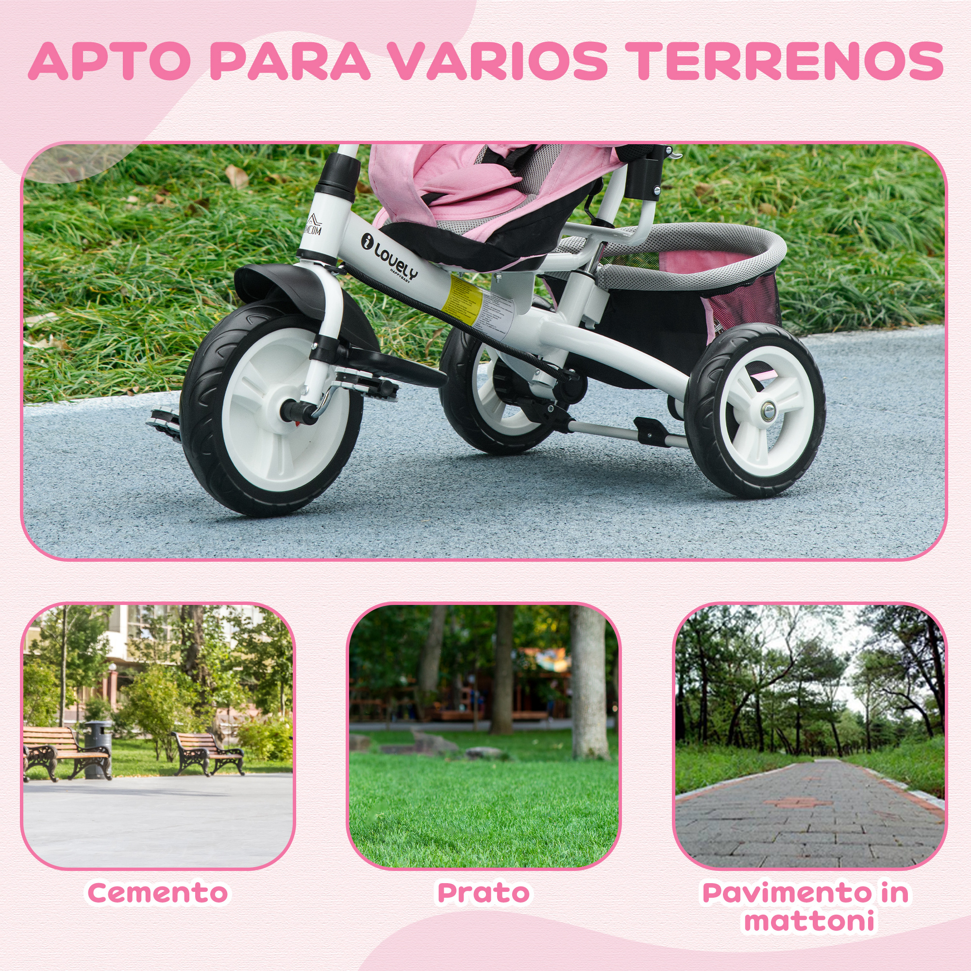 Un triciclo blanco con detalles rosas sobre césped. Tres imágenes de caminos al lado.