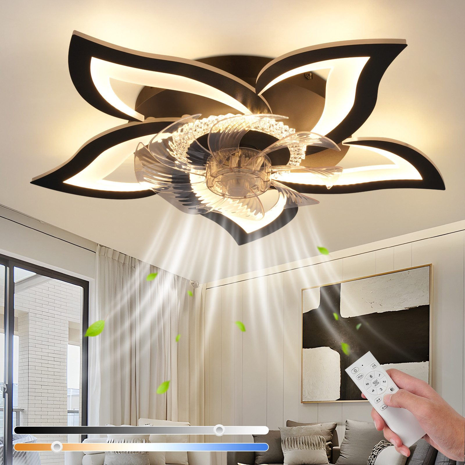Deckenventilator mit LED-Licht in Blumenform, mit Fernbedienung und Blättern.