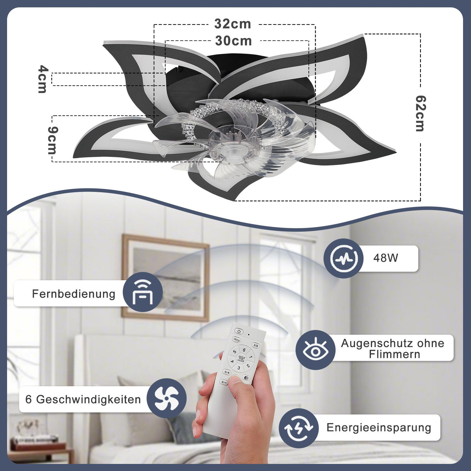 Deckenventilator mit Fernbedienung, 6 Geschwindigkeiten, 48W, flimmerfrei.