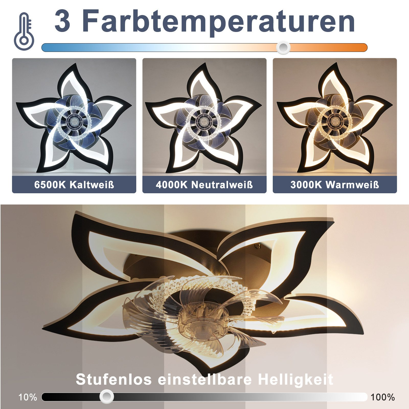 Deckenleuchte in Blumenform mit drei Farbtemperaturen und einstellbarer Helligkeit.