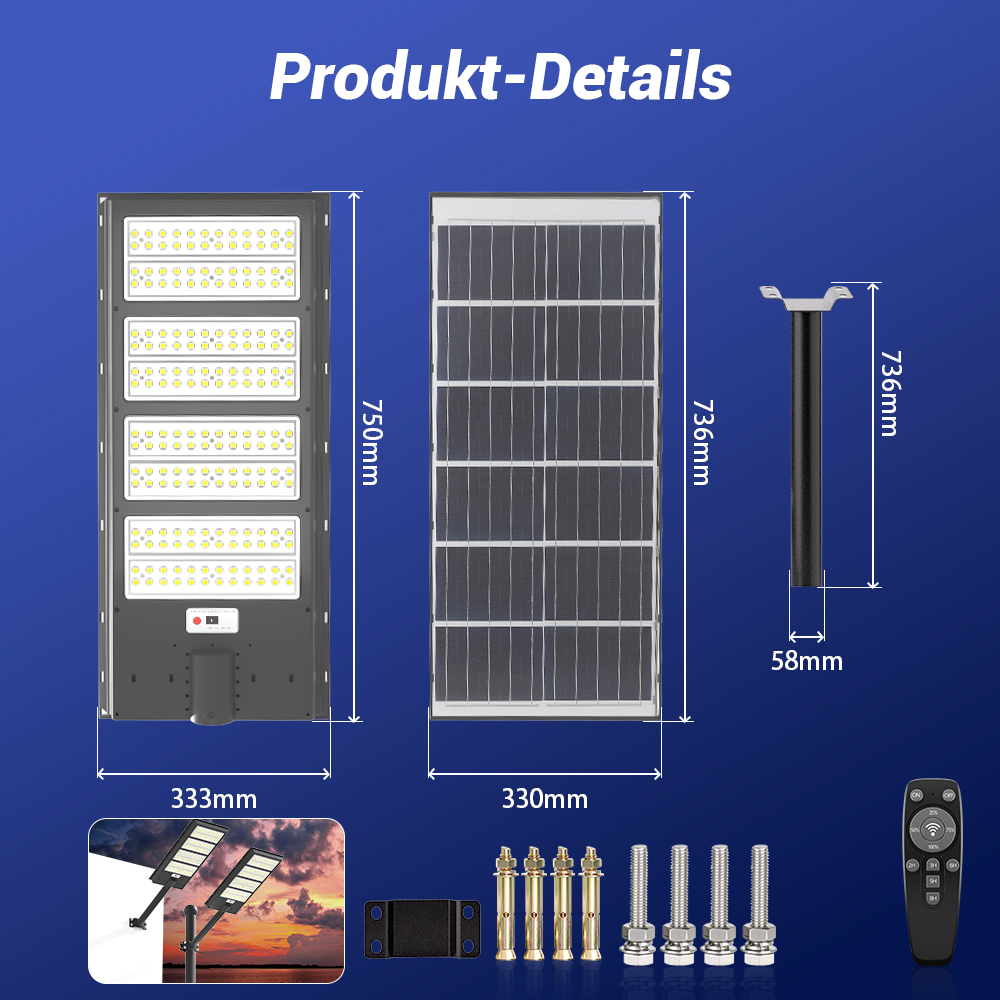 Produktdetails: Solarpanel, Leuchte, Mast, Fernbedienung und Hardware.