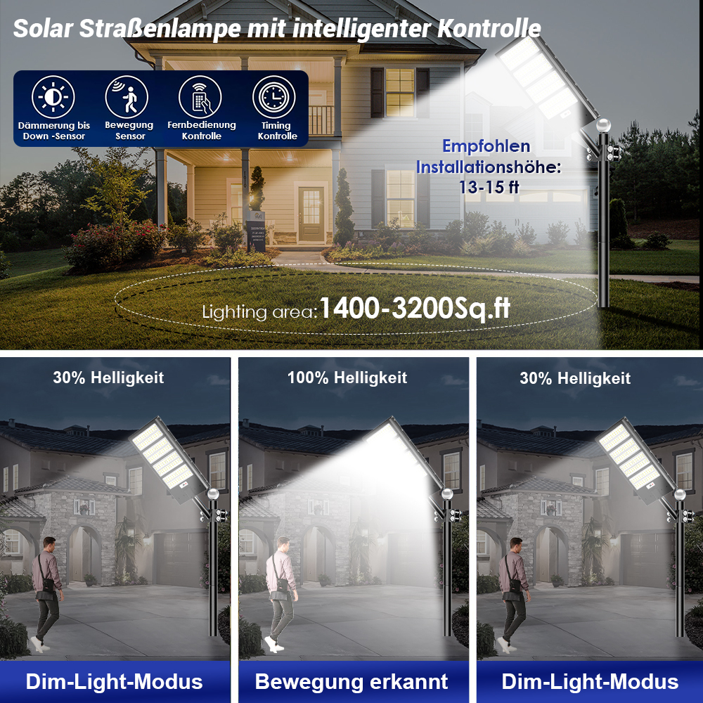 Solarstraßenlaterne mit intelligenter Steuerung beleuchtet Haus und Hof.