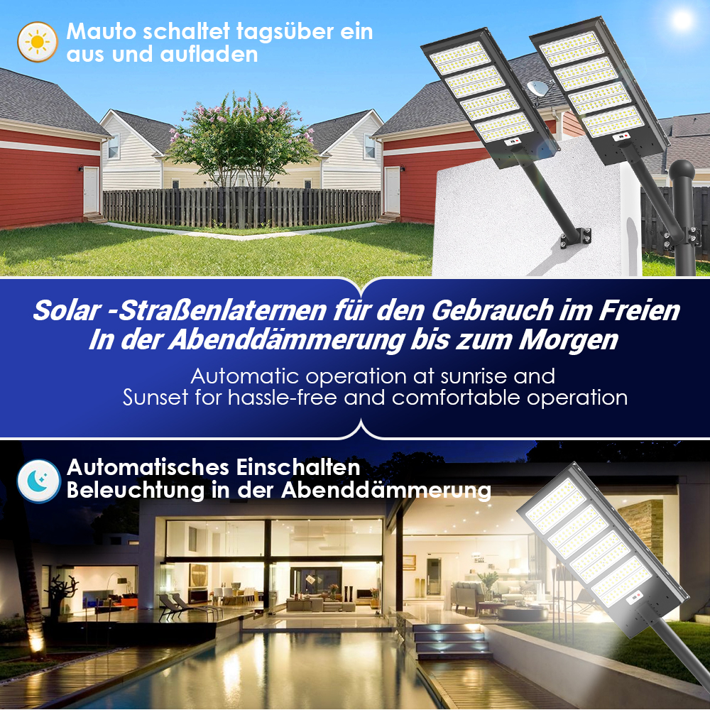 Solarstraßenlaternen werden tagsüber aufgeladen und schalten sich abends ein.