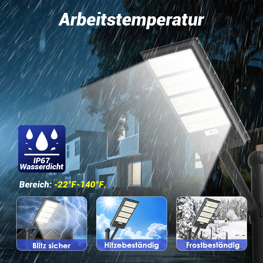 Eine Lampe in Regen, Blitz, Sonne und Schnee. IP67 wasserdicht.