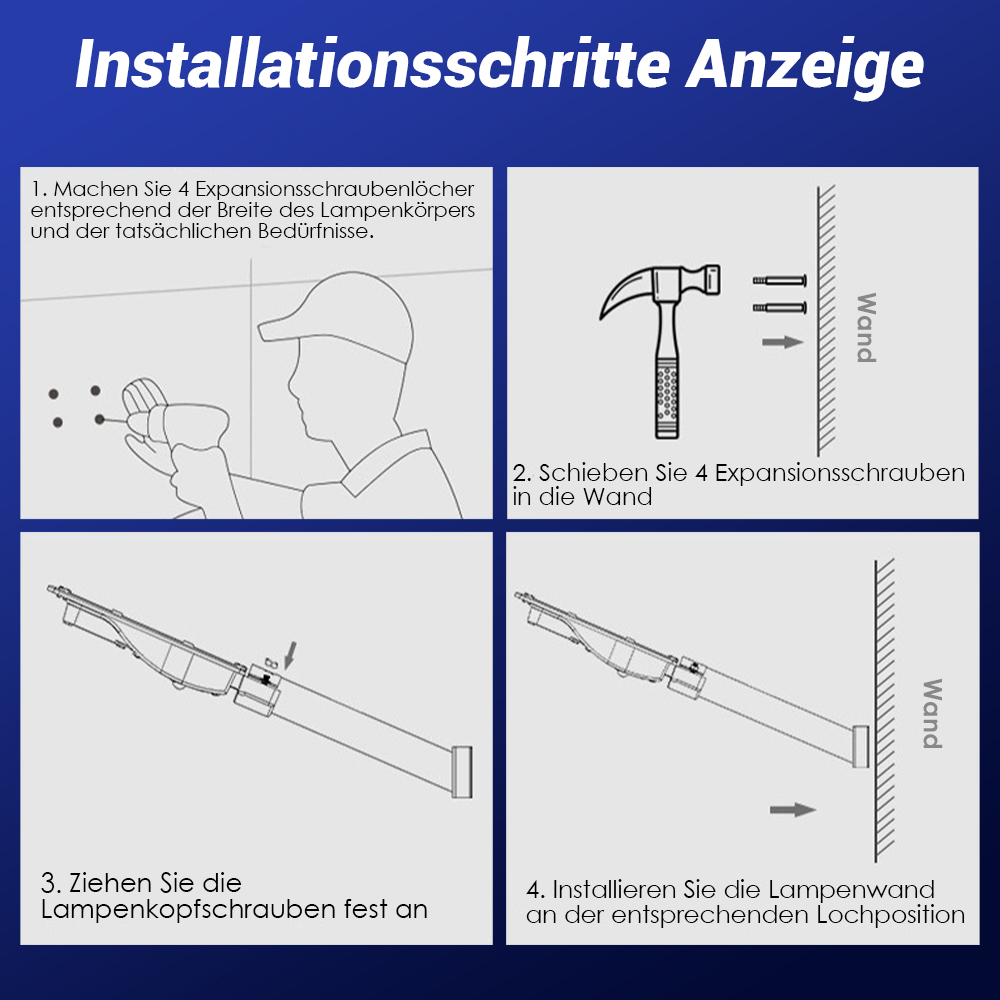 Installationsanleitung mit vier Schritten: Löcher bohren, Dübel einsetzen, Schrauben festziehen, Lampe montieren.