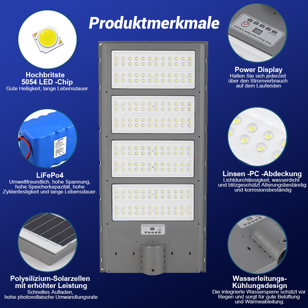 Solarleuchte mit LED-Chip, LiFePo4-Akku, Solarzellen, Display und Kühlung.