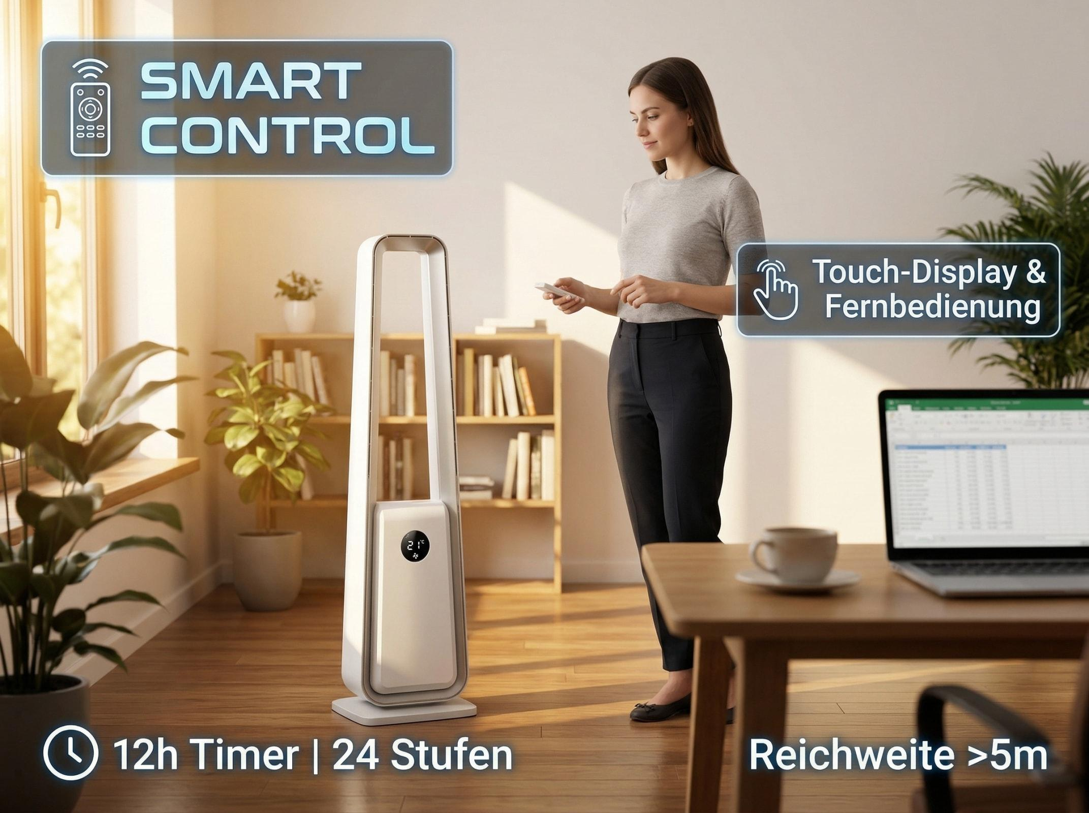 Frau bedient Turmventilator mit Fernbedienung; Anzeige 21°C, 12h Timer.