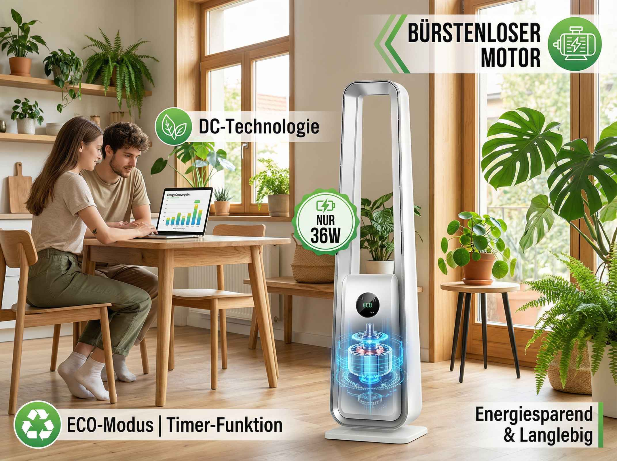 Ein Paar sitzt an einem Tisch und schaut auf einen Laptop. Ein Turmventilator steht daneben.