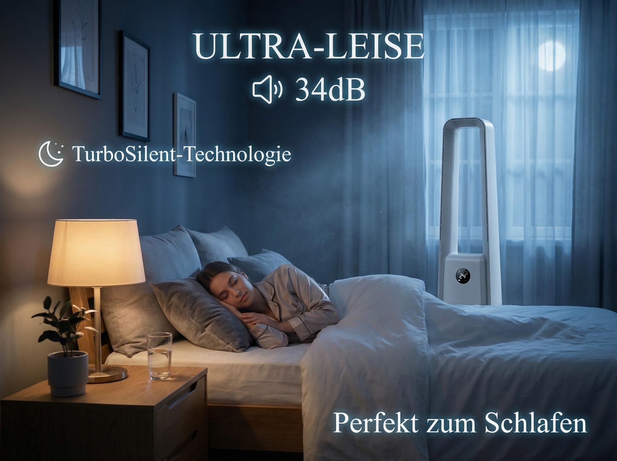 Eine Frau schläft in einem dunklen Raum, ein Ventilator steht neben dem Bett.