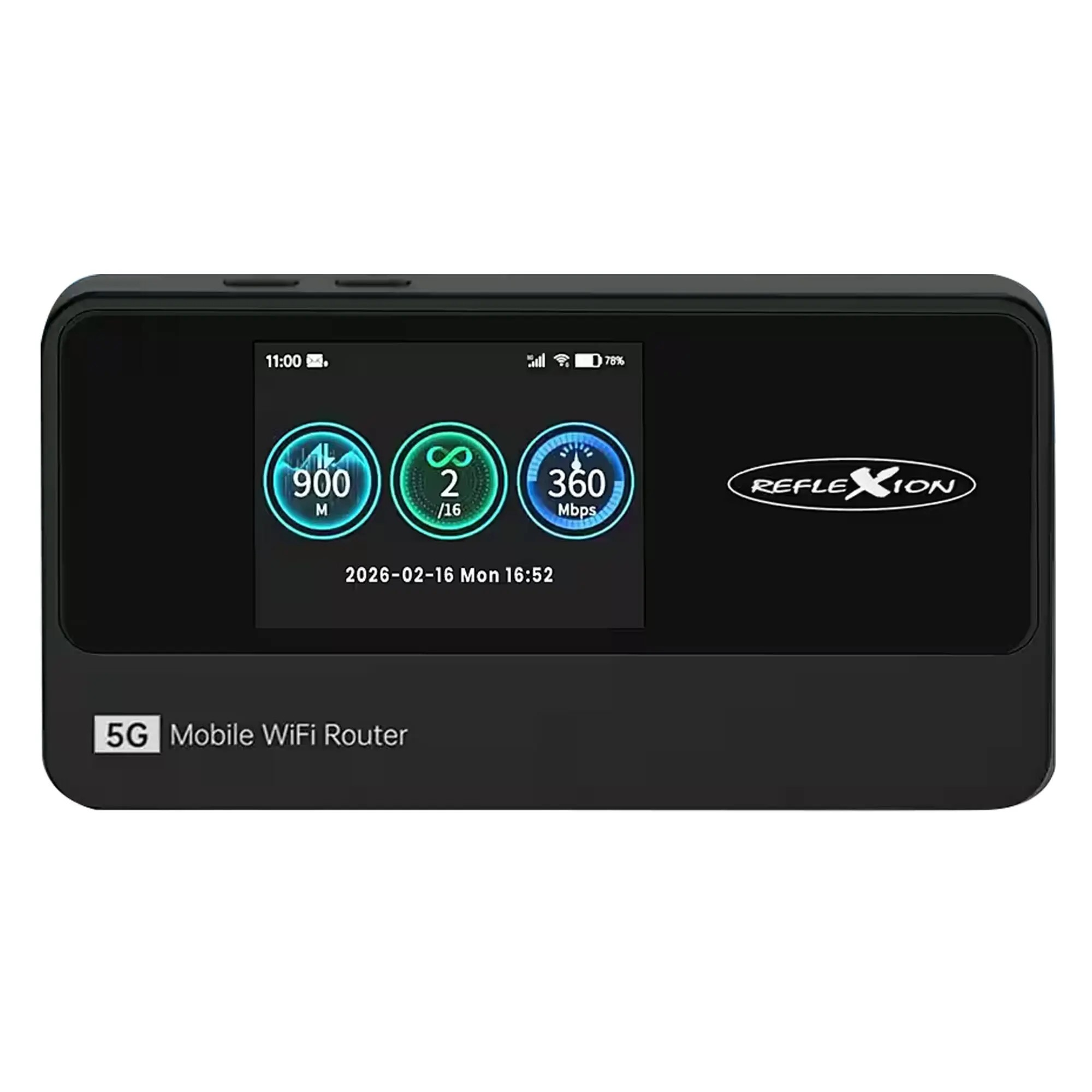 Schwarzer 5G Mobile WiFi Router mit Display zeigt 900M, 2/16, 360Mbps.
