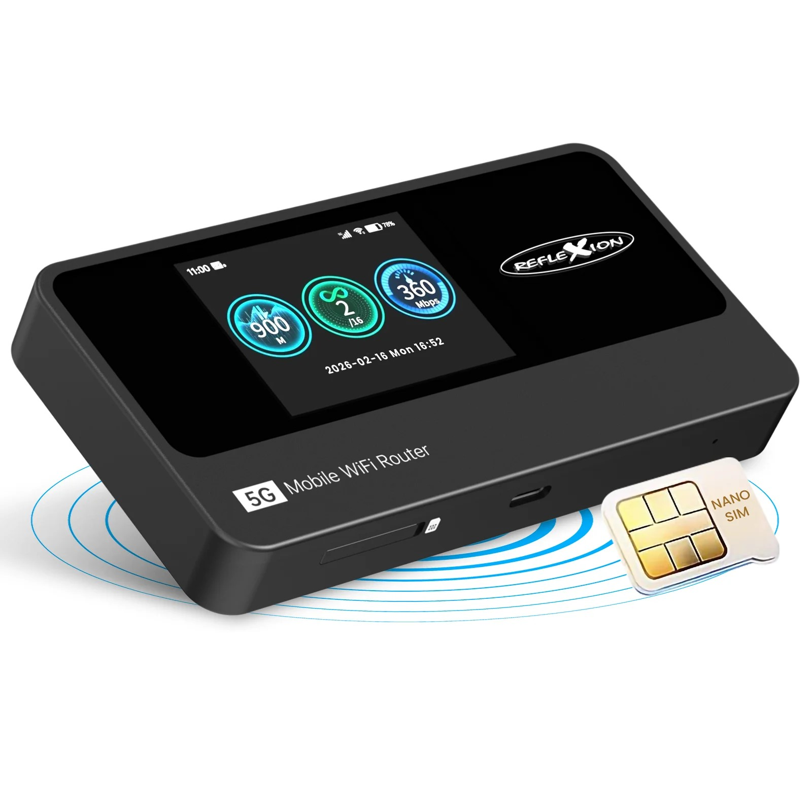 Ein schwarzer 5G mobiler WiFi-Router mit Bildschirm und Nano-SIM-Karte.