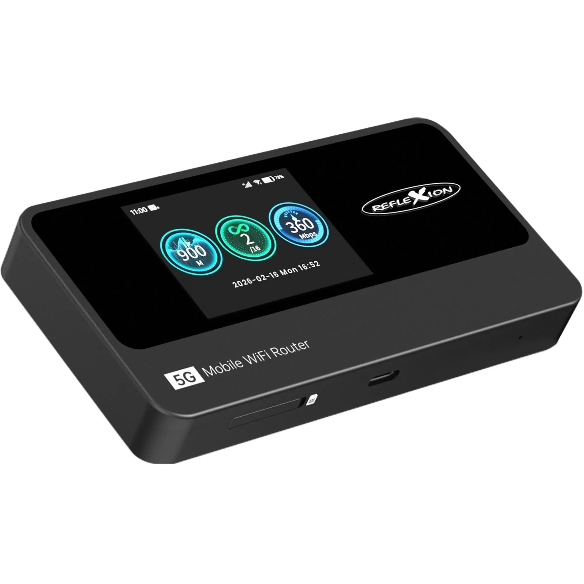 Schwarzer 5G mobiler WiFi-Router mit Touchscreen. Marke: REFLEXION.