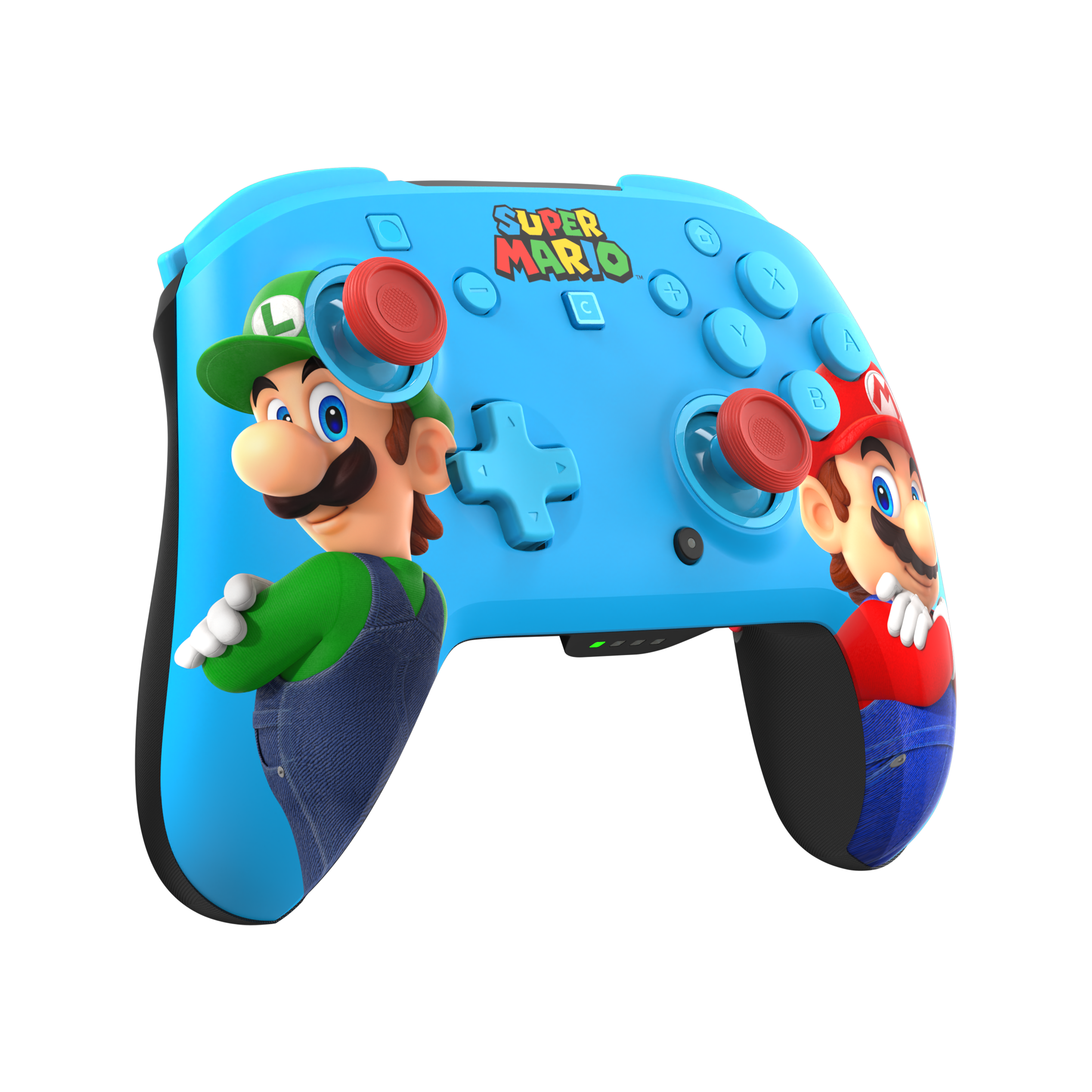 Blauer Super Mario Controller mit Mario und Luigi Abbildungen.