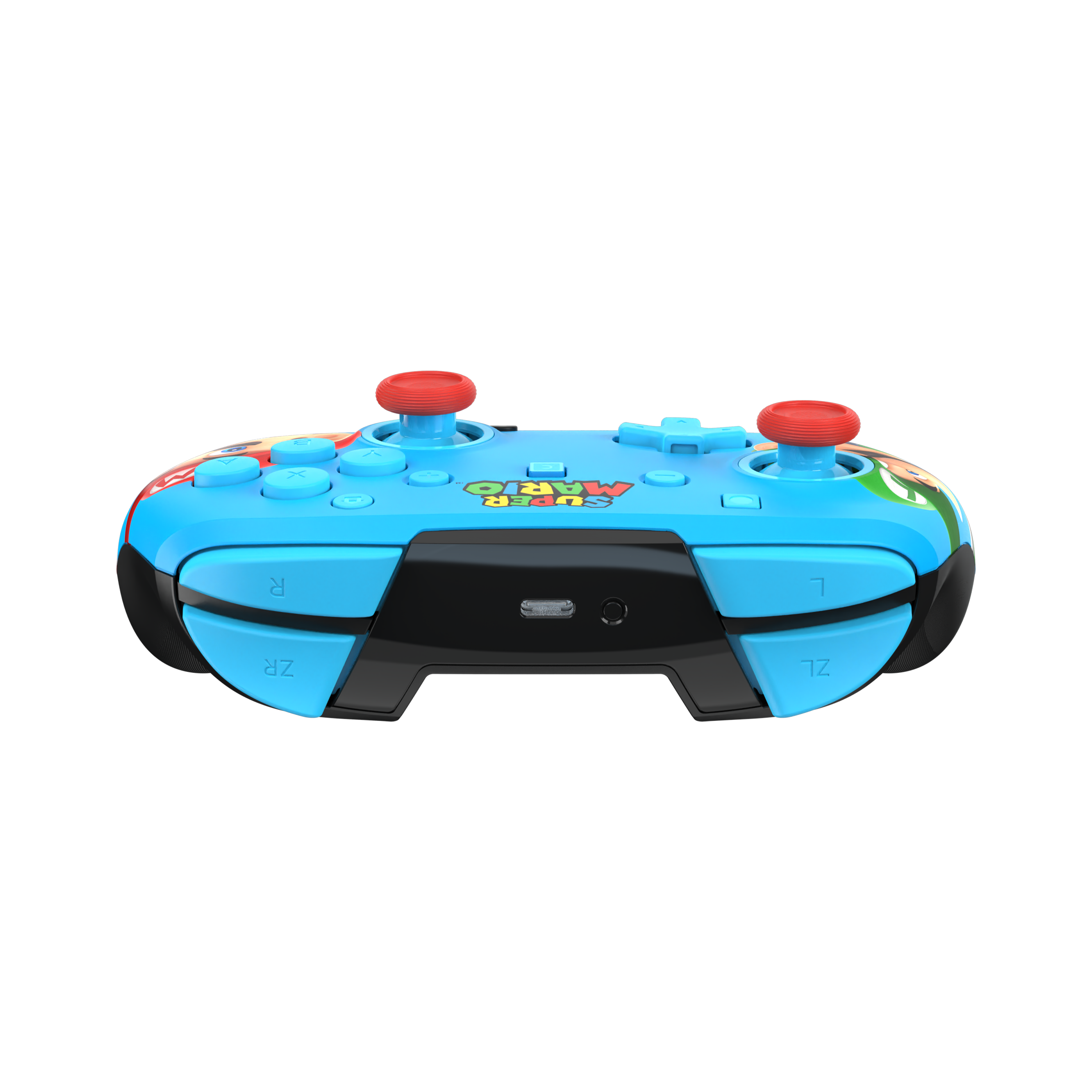 Ein blauer Nintendo-Controller mit roten Joysticks, „Super Mario“-Logo.