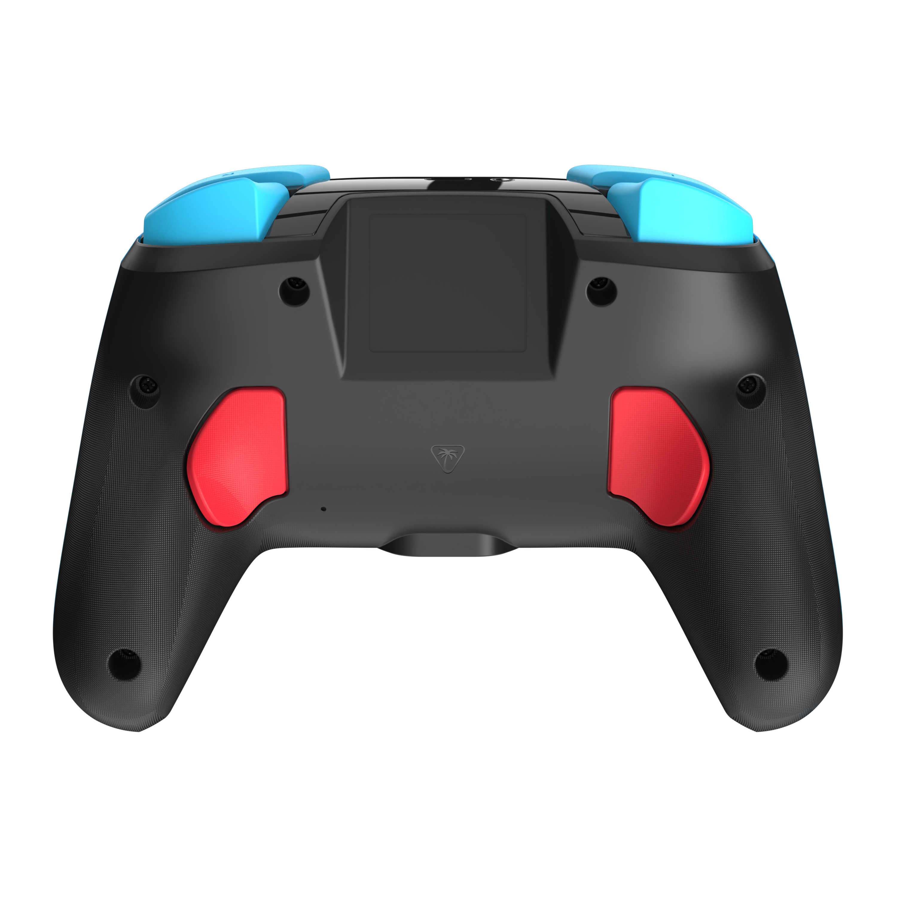 Schwarzer Controller mit blauen Akzenten oben und roten Griffen unten.