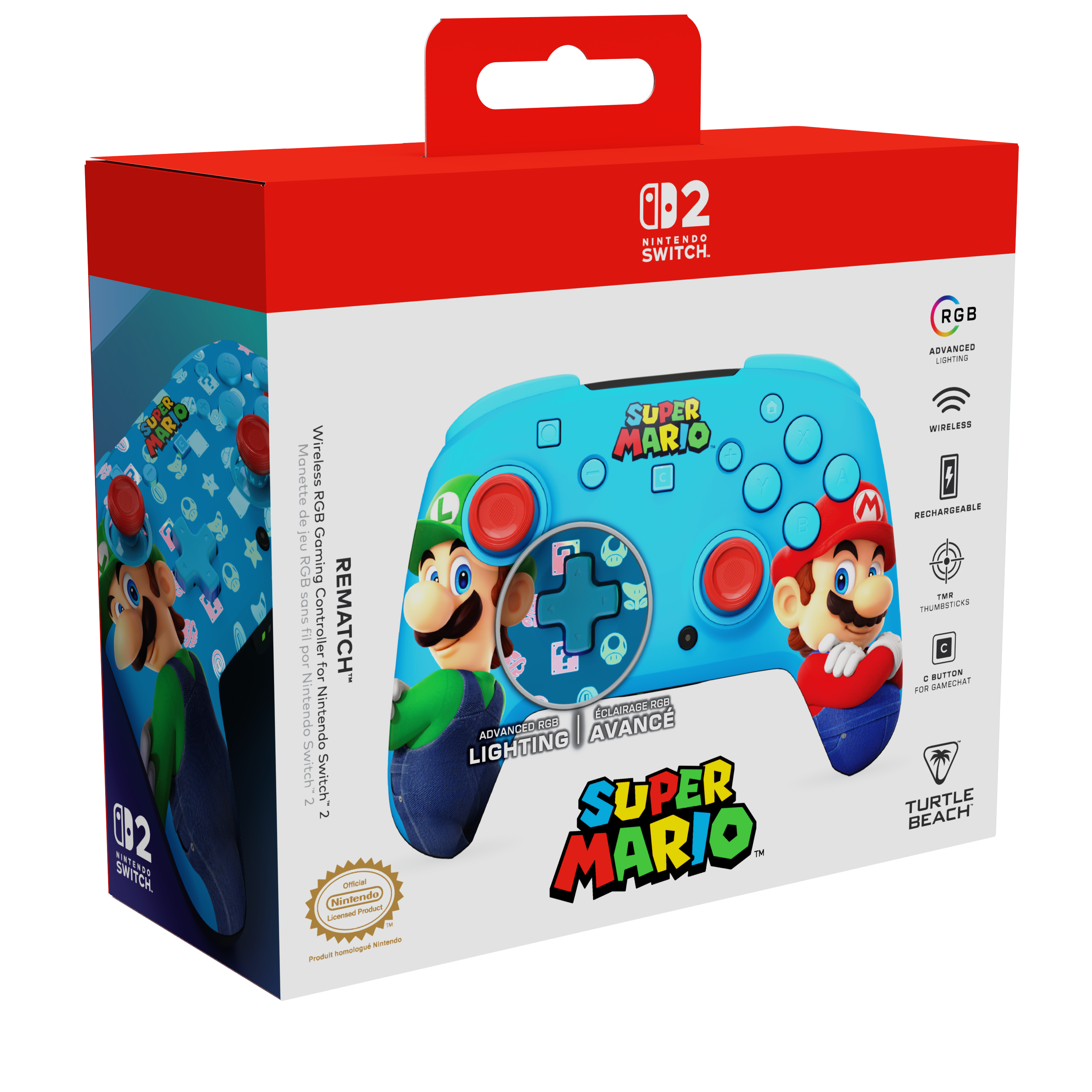 Super Mario Nintendo Switch Controller Verpackung mit Luigi & Mario Grafiken und RGB-Logo.