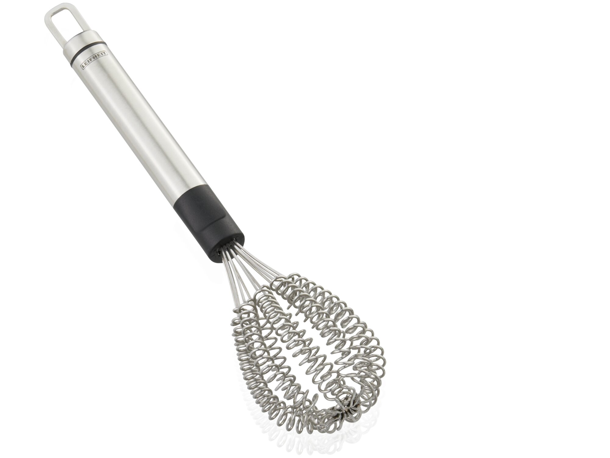 Una frusta argentata con manico nero e testa a spirale.