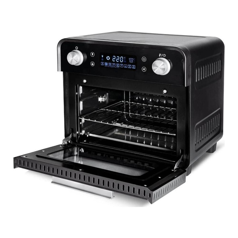 Czarny piekarnik stołowy z otwartymi drzwiami, dwoma rusztami i cyfrowym wyświetlaczem.