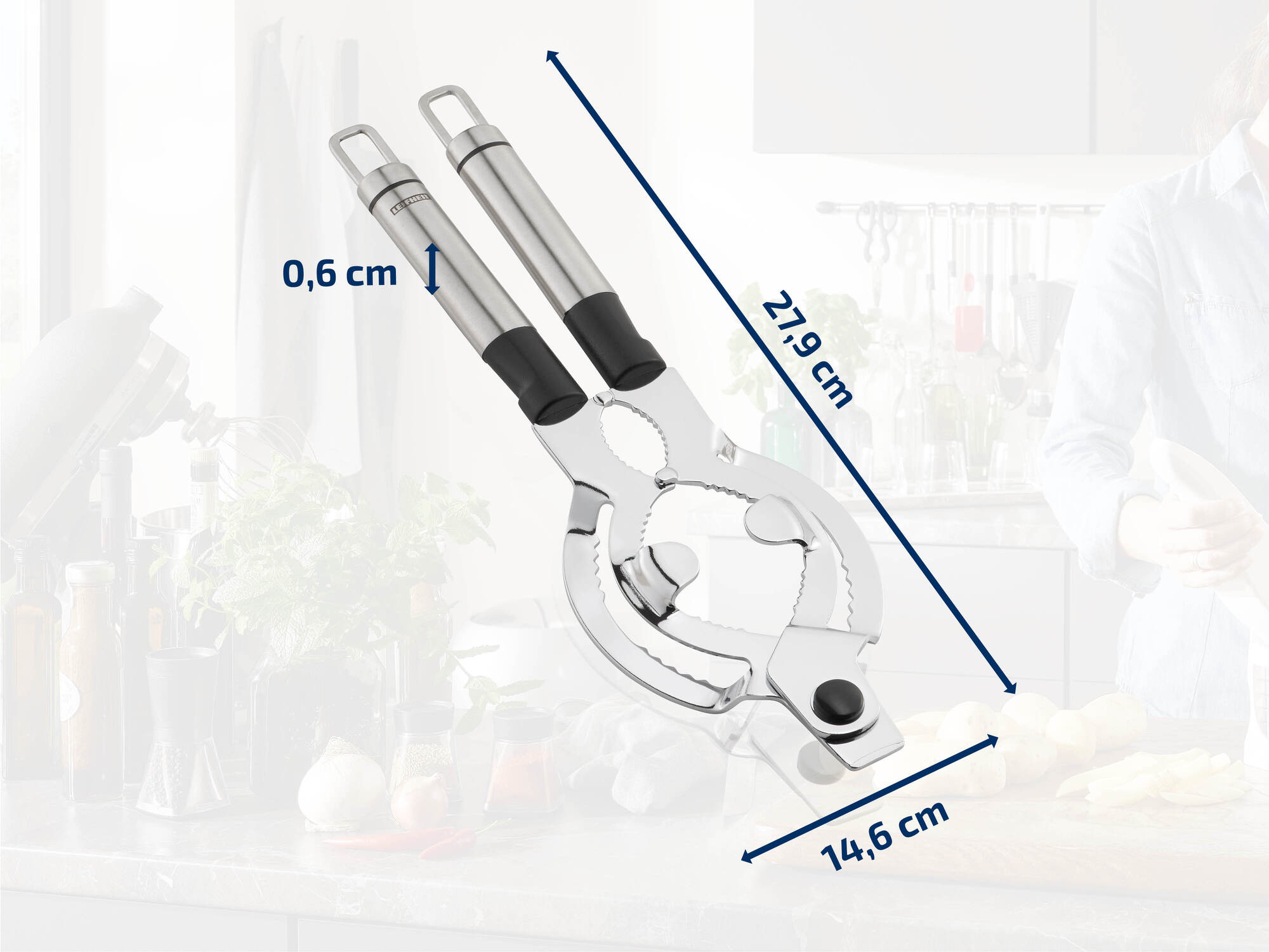Ein multifunktionaler Küchenöffner aus Edelstahl mit Maßangaben.