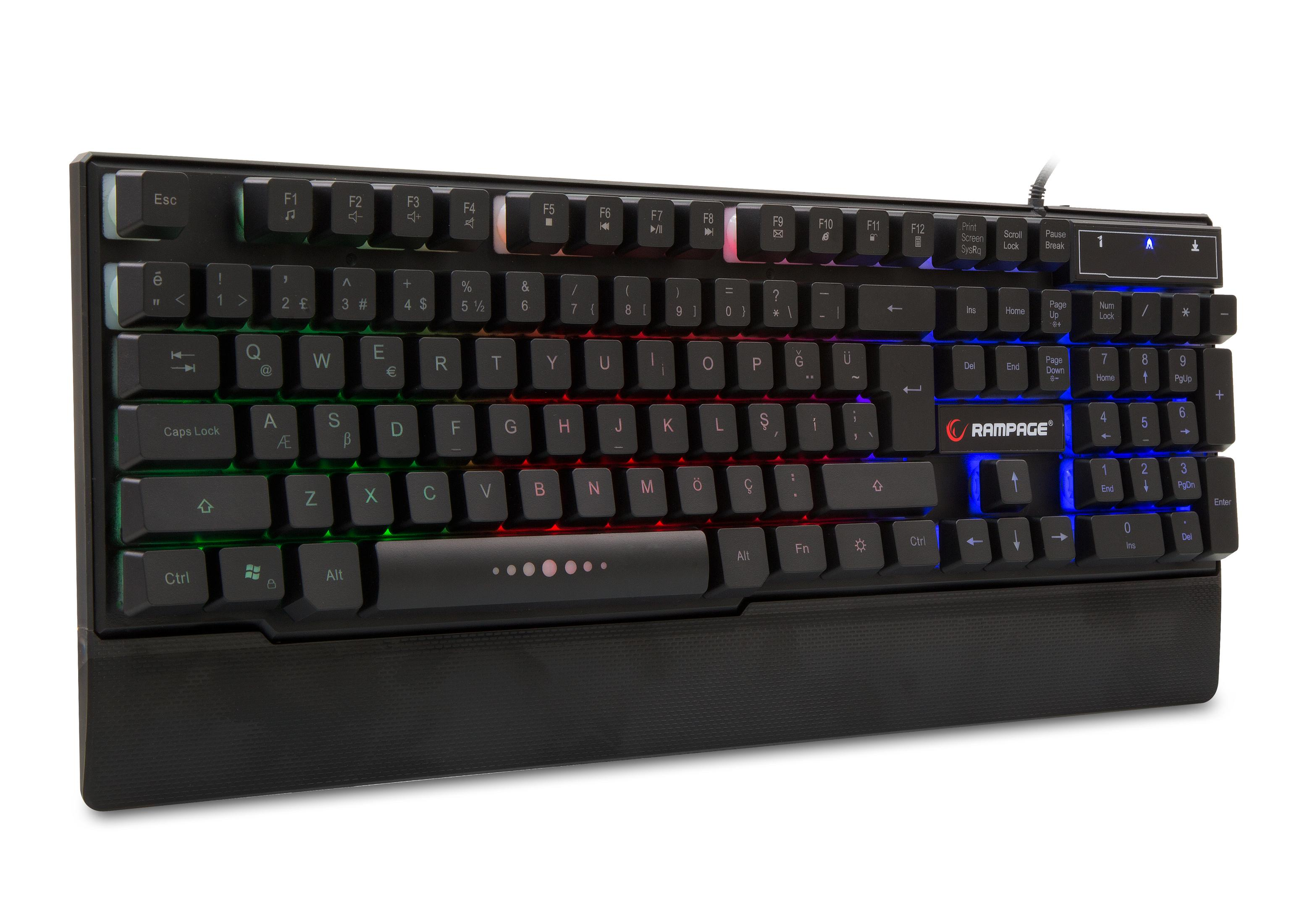 Renkli RGB arka aydınlatmalı ve Rampage logolu siyah klavye.