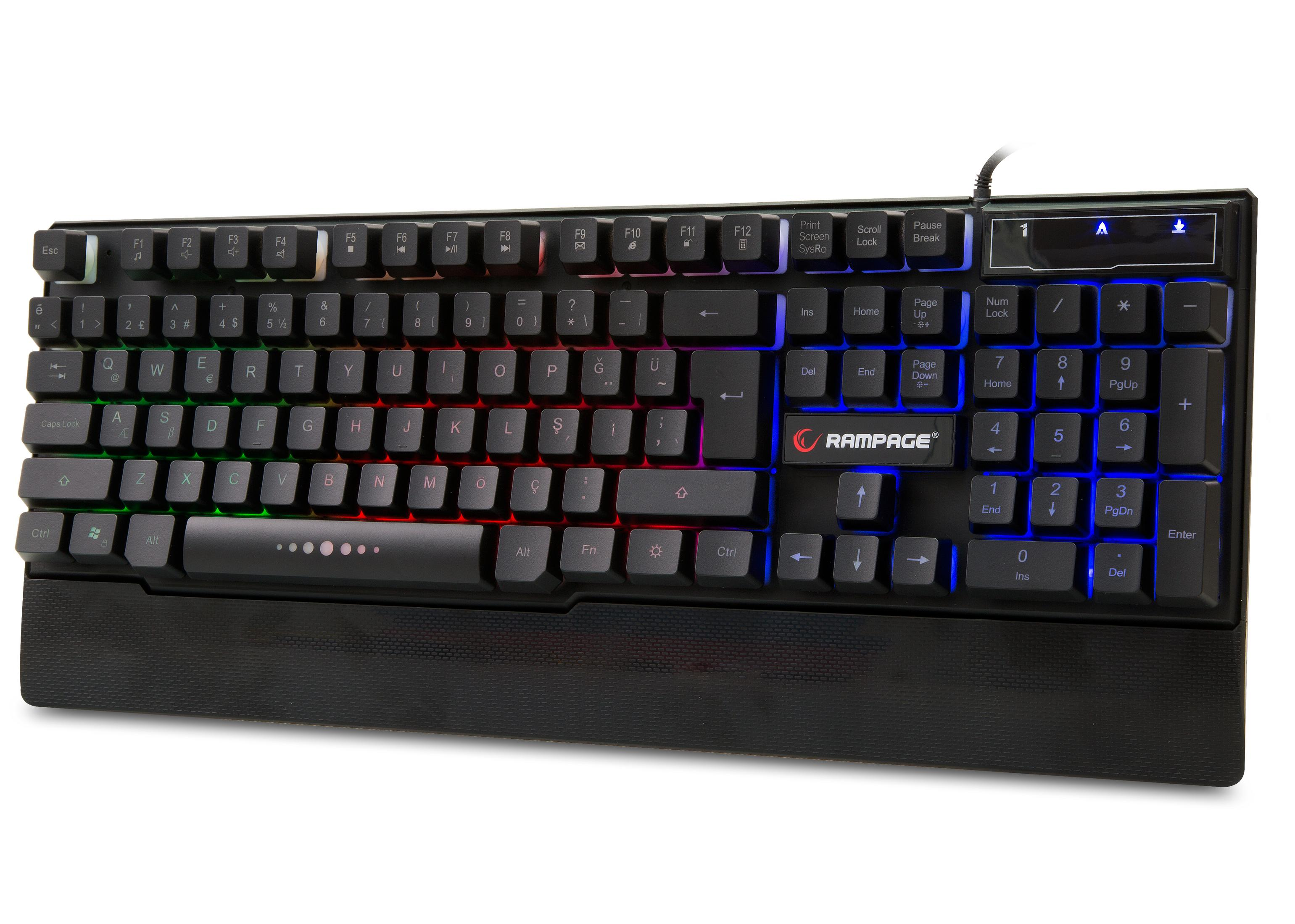 Turkuaz, kırmızı ve mavi ışıklar gösteren RGB arka aydınlatmalı siyah klavye.
