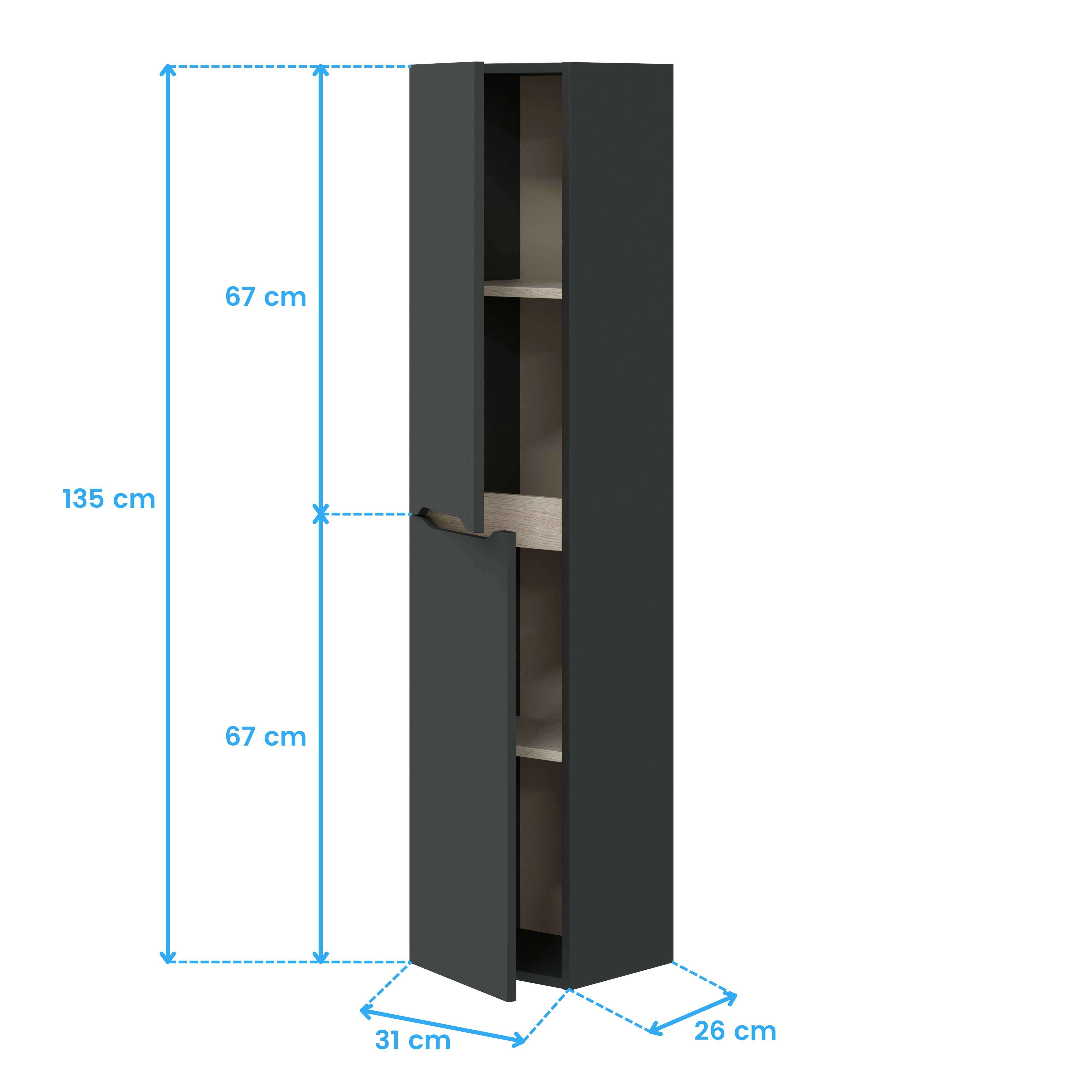 Armario alto gris oscuro con interior de madera. Dimensiones: 135x31x26 cm.