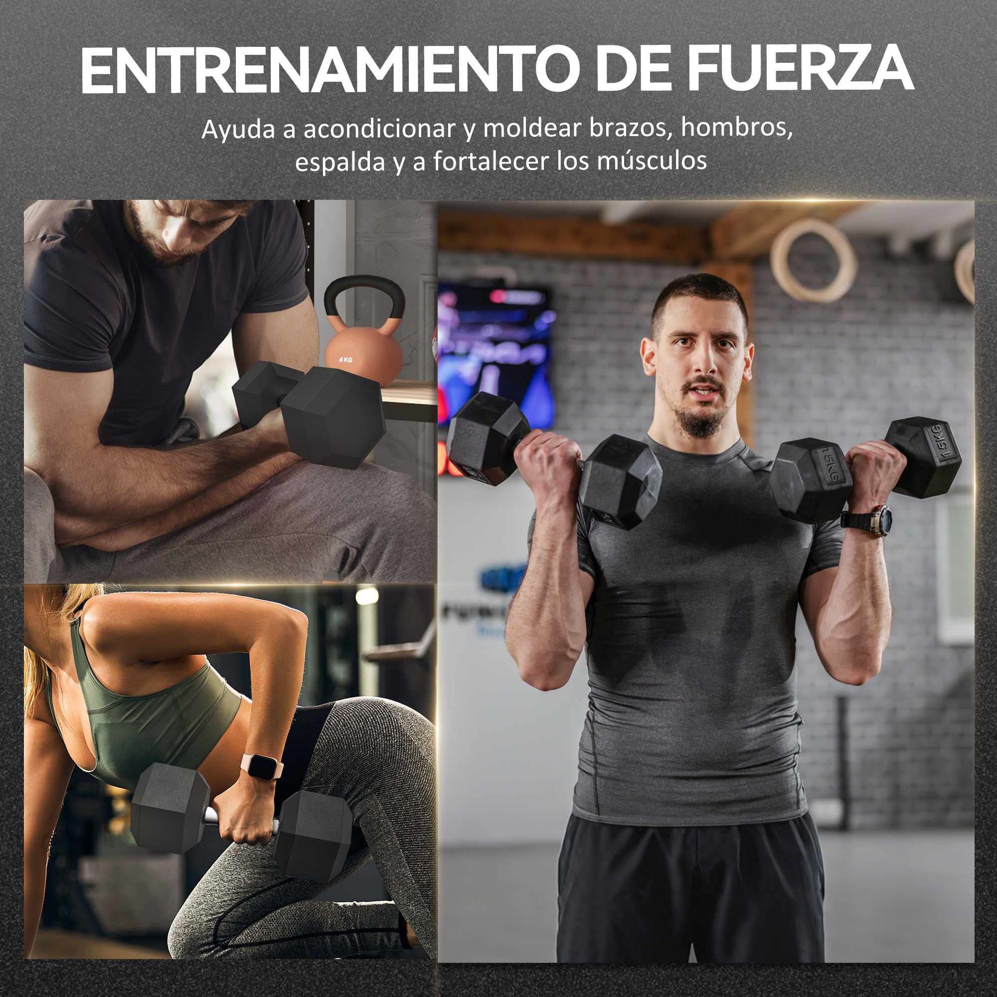 Hombres y mujeres hacen ejercicio con mancuernas. Un hombre levanta mancuernas, una mujer hace zancadas.
