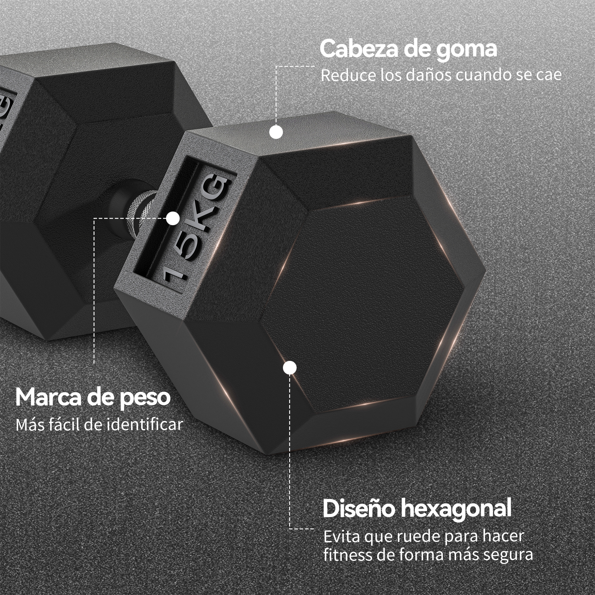 Mancuerna negra con marca de 15KG y cabeza de goma sobre fondo gris.
