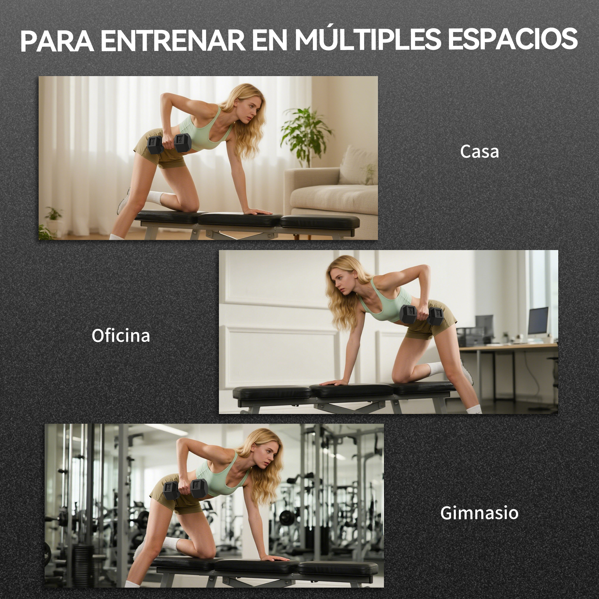Mujer haciendo ejercicio con mancuerna en banco en casa, oficina y gimnasio.
