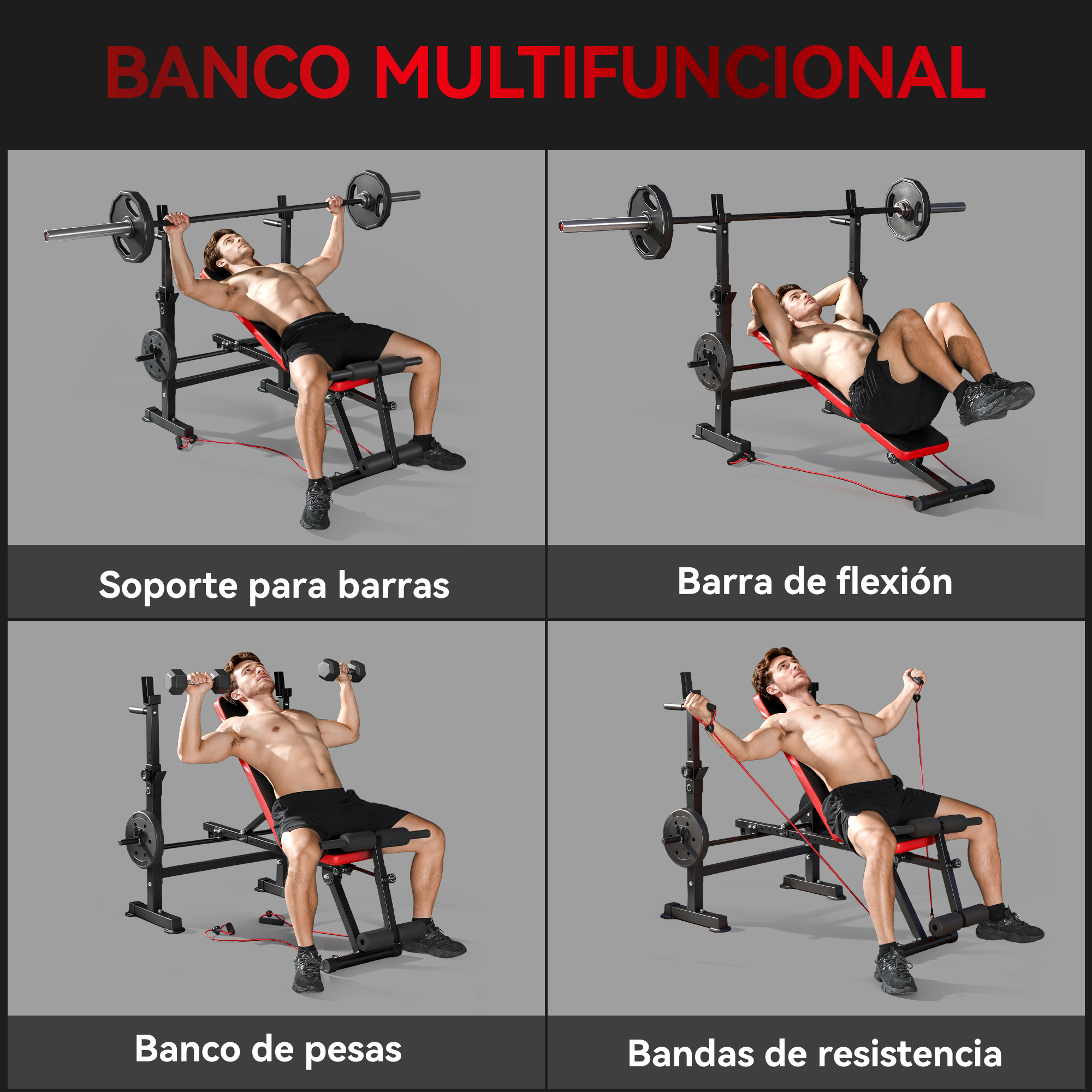 Cuatro ejercicios en banco: press de banca, abdominales, levantamiento con mancuernas, bandas.