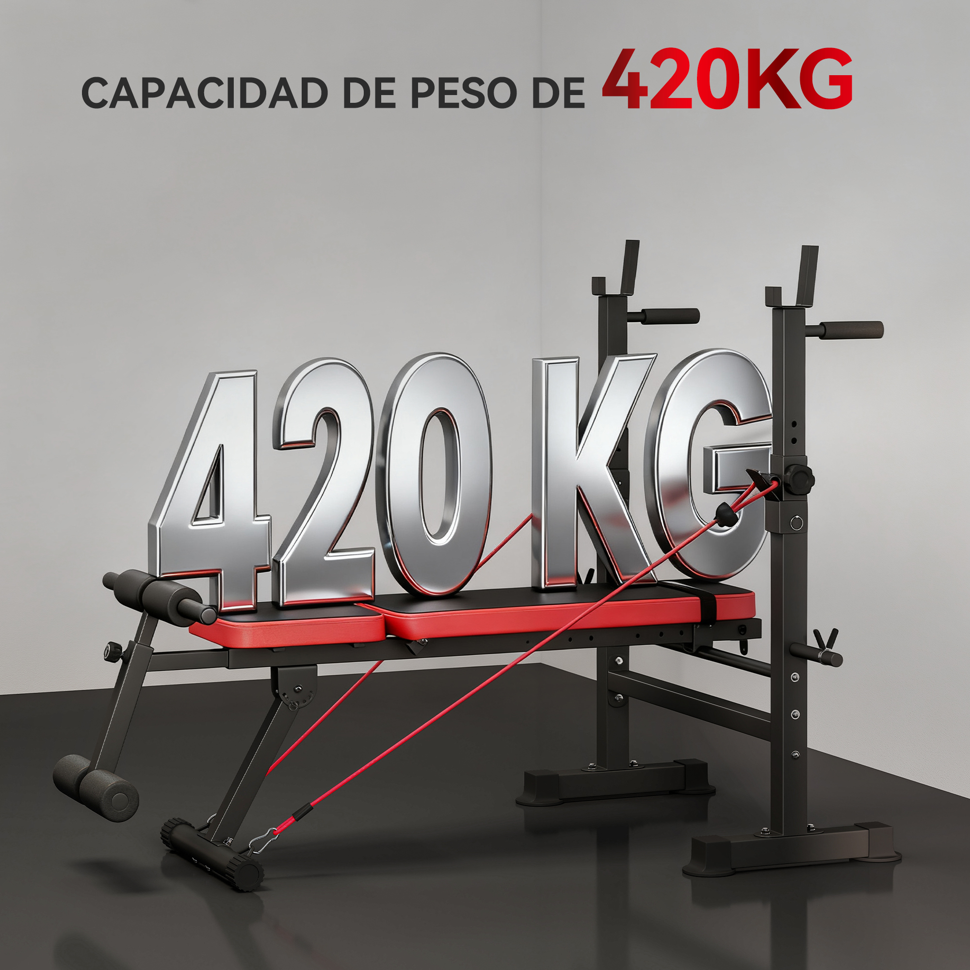 Banca de pesas con indicador de 420 kg y bandas rojas.