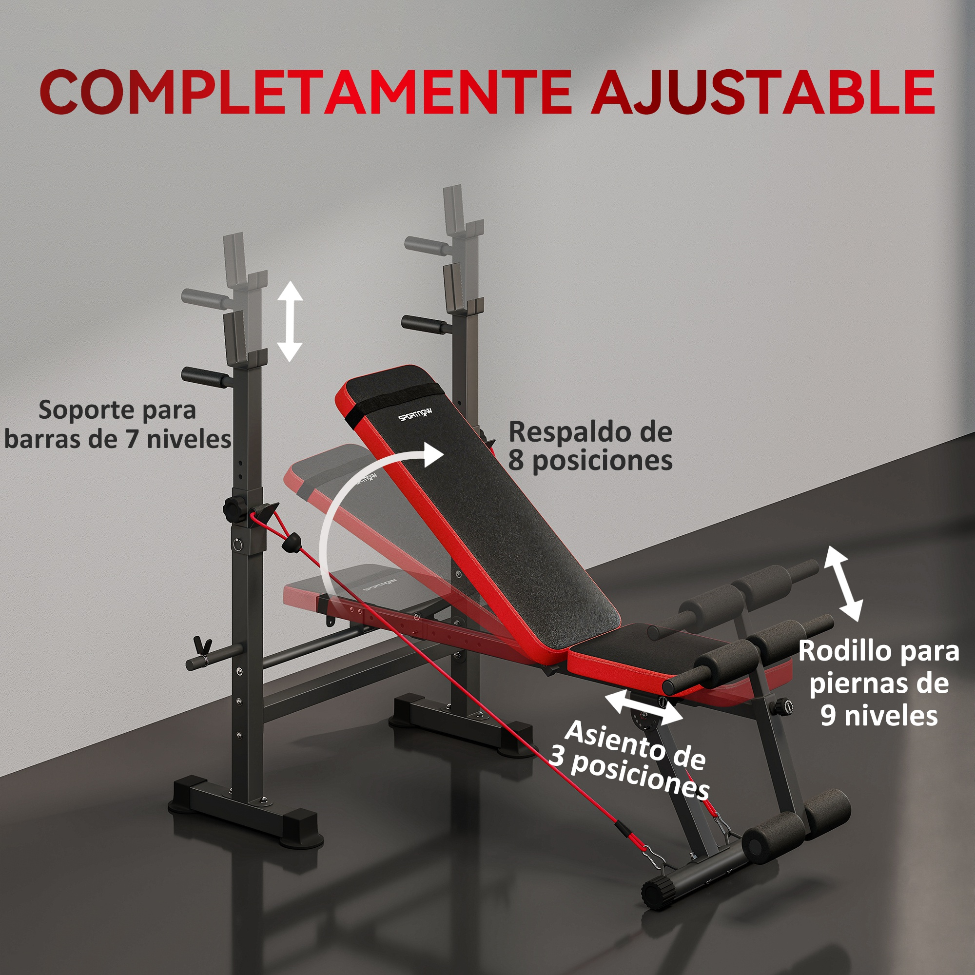 Un banco de pesas ajustable con detalles rojos y etiquetas indicando ajustes.
