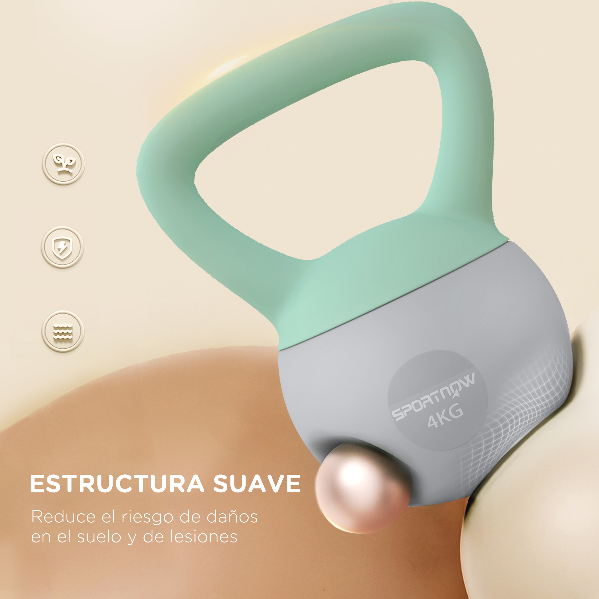 Una pesa rusa de 4kg en gris y verde menta con texto.