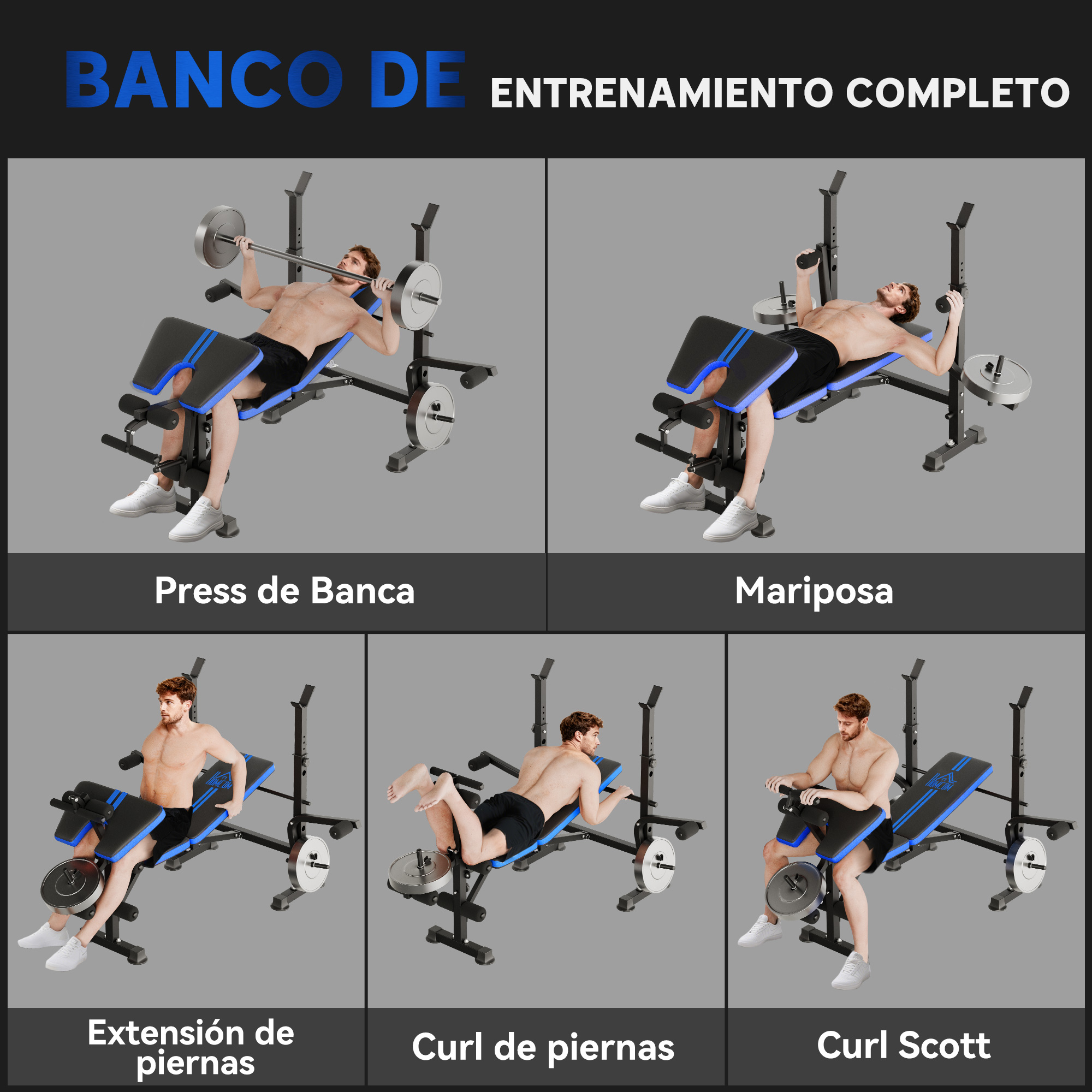 Hombre en banco de pesas: press banca, mariposa, curl piernas, ext. piernas.