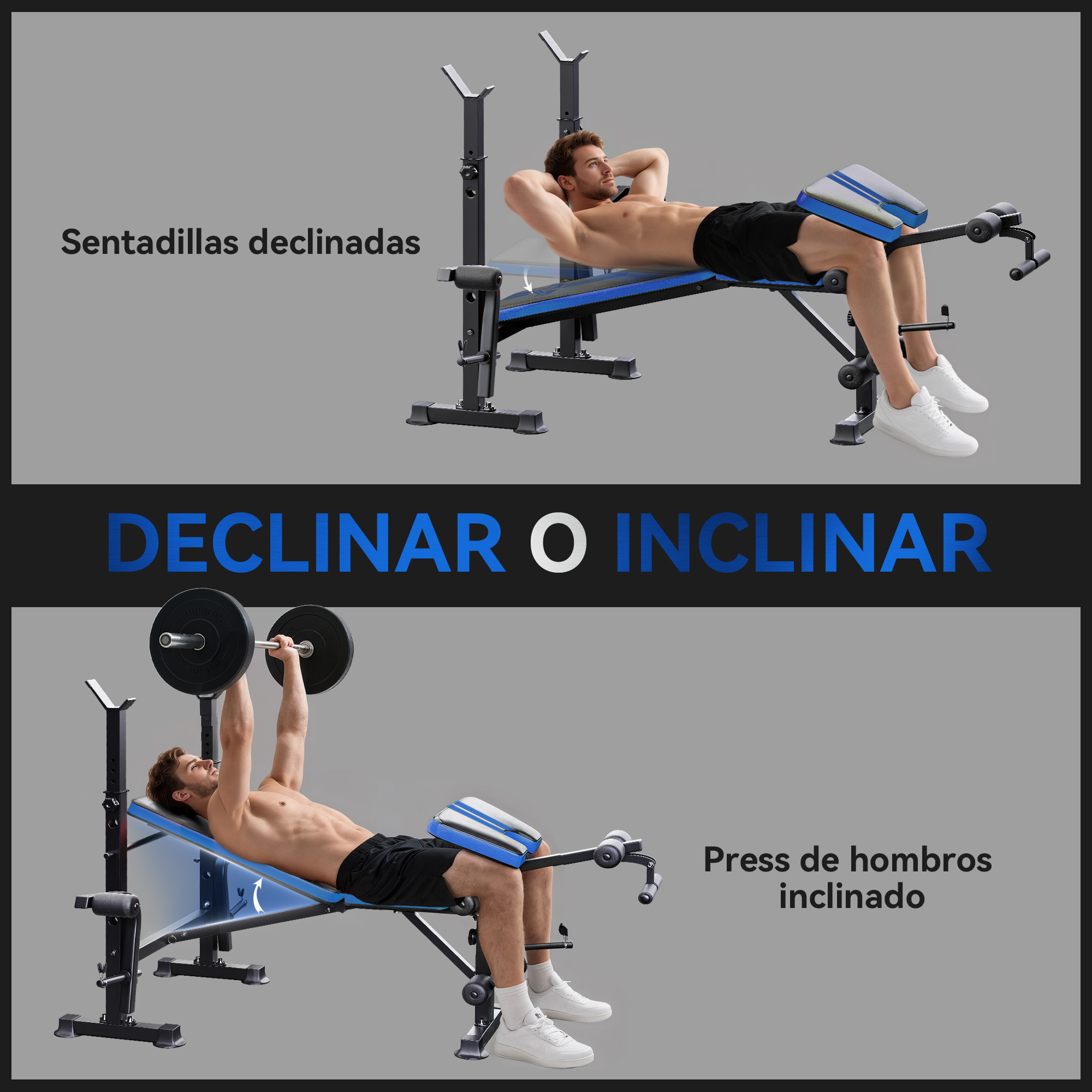 Hombre haciendo crunches declinados y press de hombro inclinado.