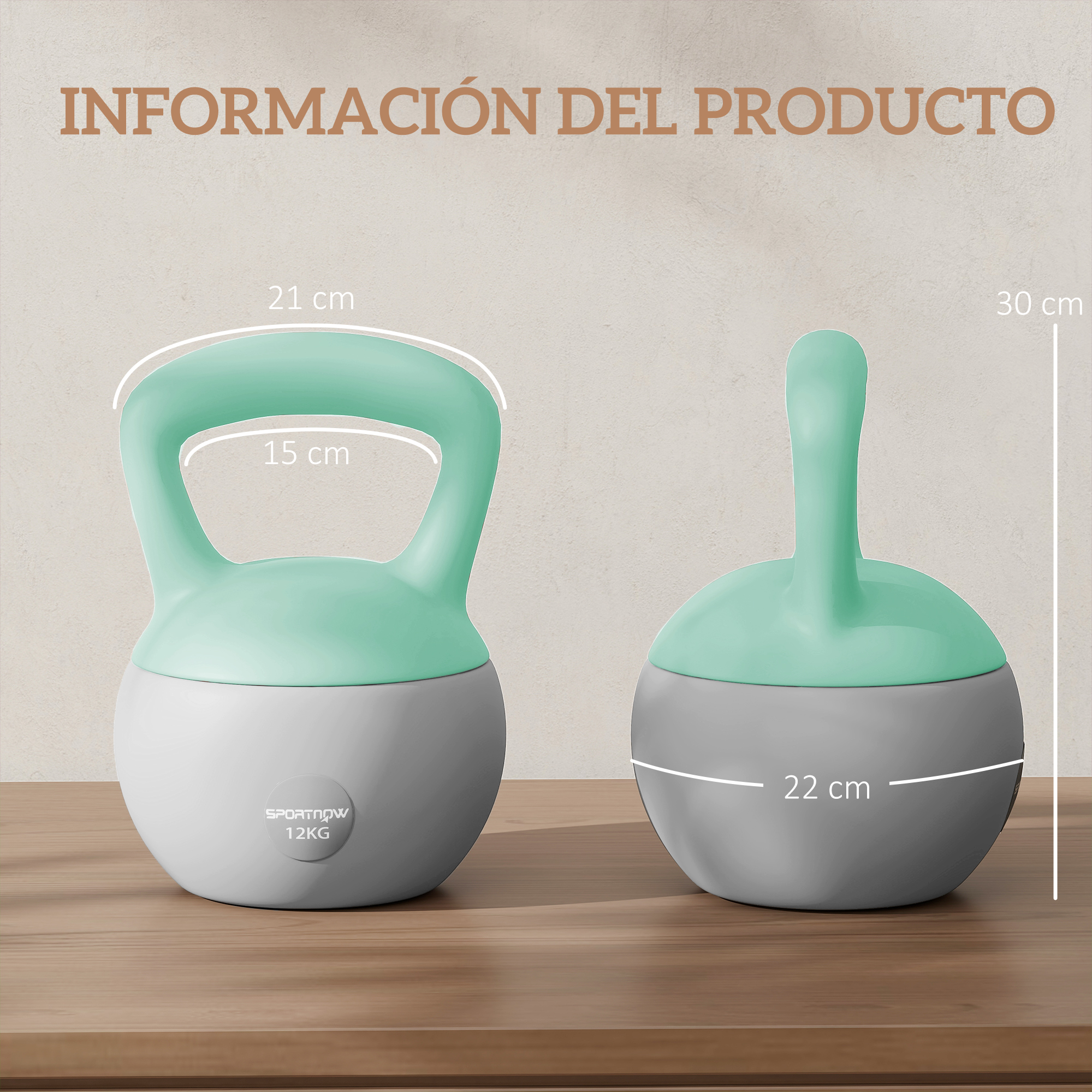 Dos pesas rusas verde menta y gris con dimensiones.