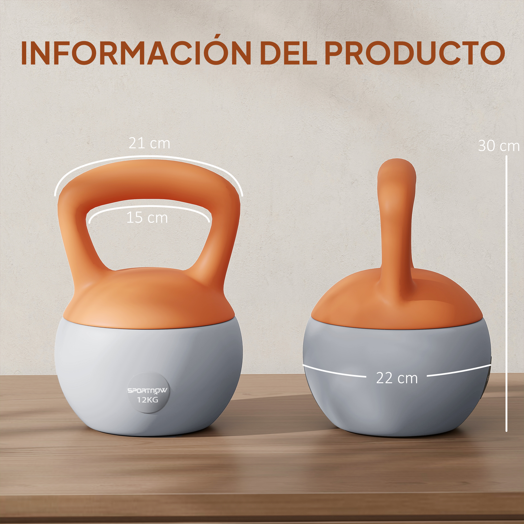 Dos pesas rusas con mangos naranjas y bases grises. Se muestran las medidas.