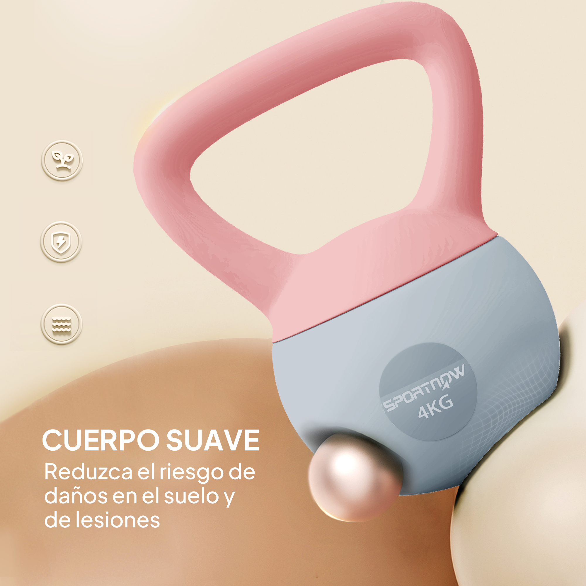 Una pesa rusa rosa y azul claro de 4 kg descansa sobre un fondo beige.