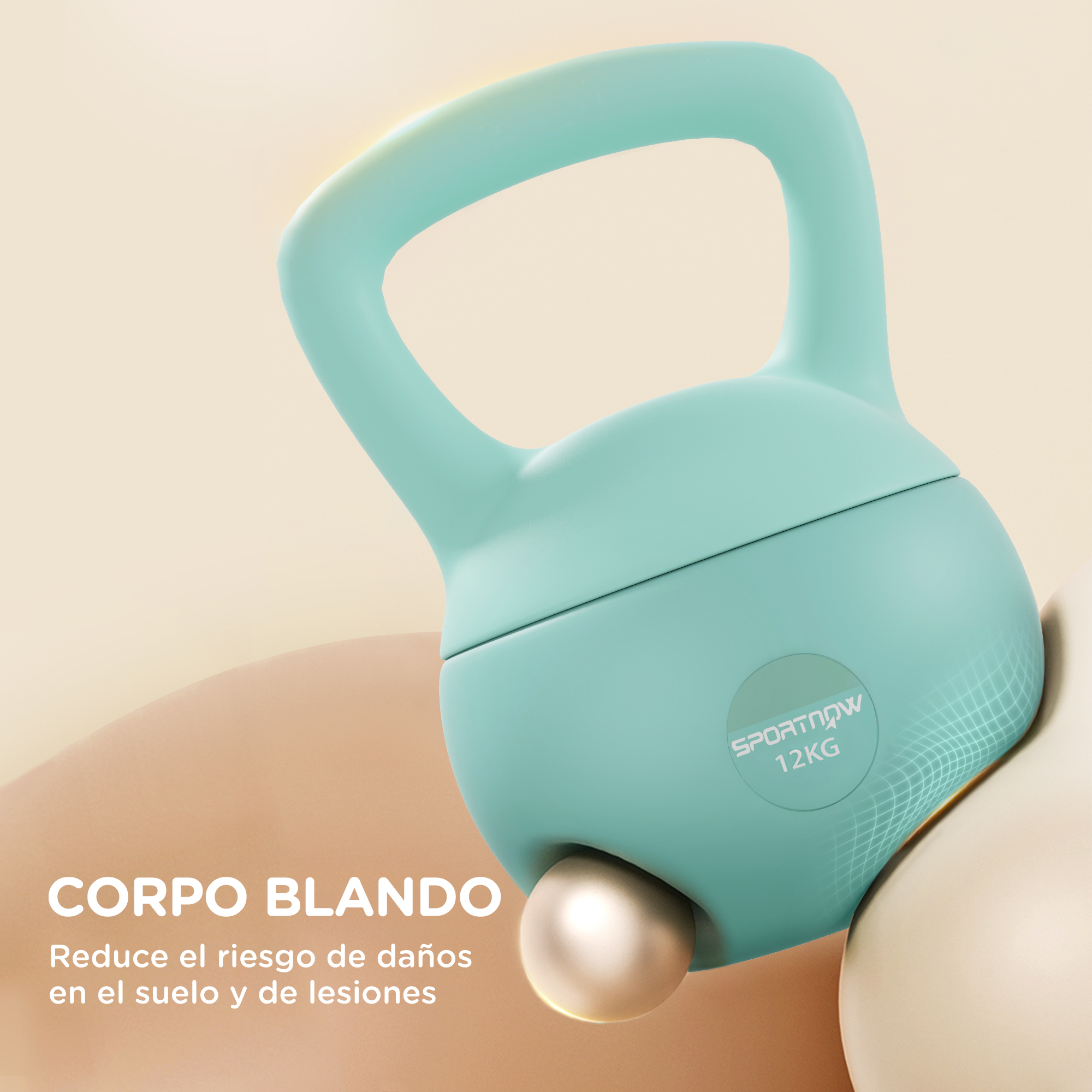 Kettlebell turquesa de 12 kg con base de bola plateada sobre fondo claro.