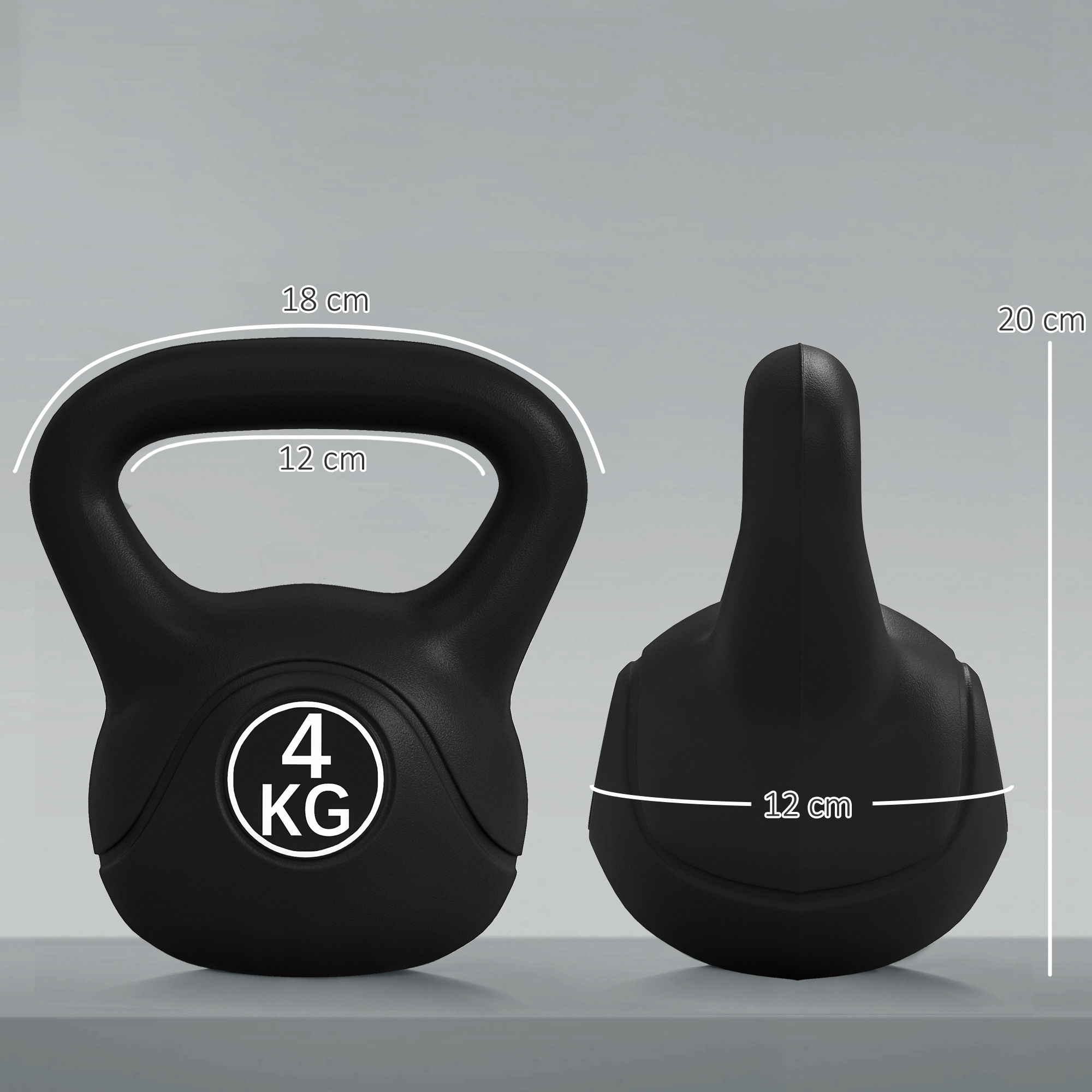 Pesa rusa negra con marca de 4kg y líneas de dimensión.