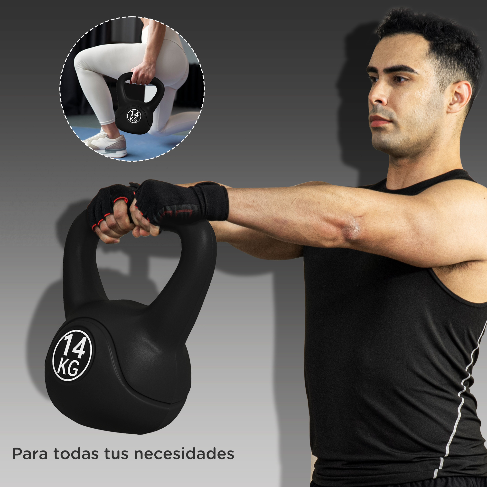Hombre con guantes negros sujeta pesa rusa de 14 kg. Inserción de mujer en zancada con pesa rusa.