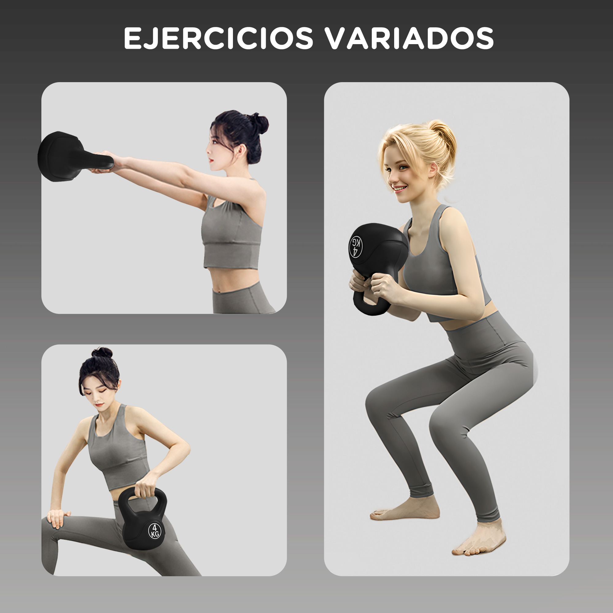 Tres mujeres con ropa deportiva y pesas rusas: una las sostiene al frente, una hace sentadilla, una se arrodilla.
