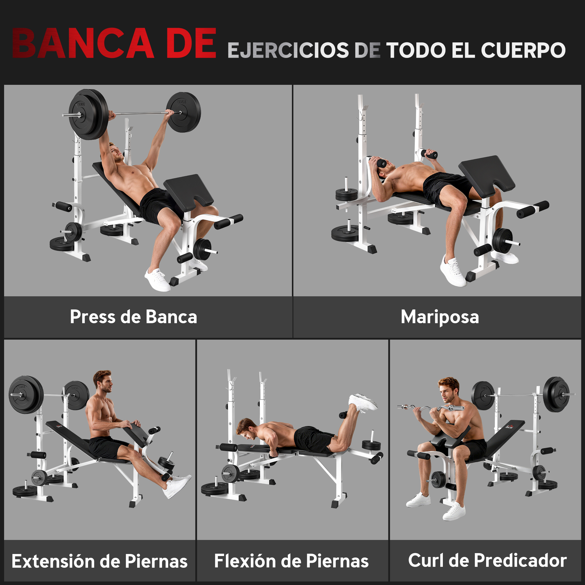 Hombre en banco de pesas haciendo ejercicios: press de banca, mariposa, extensión, curl.