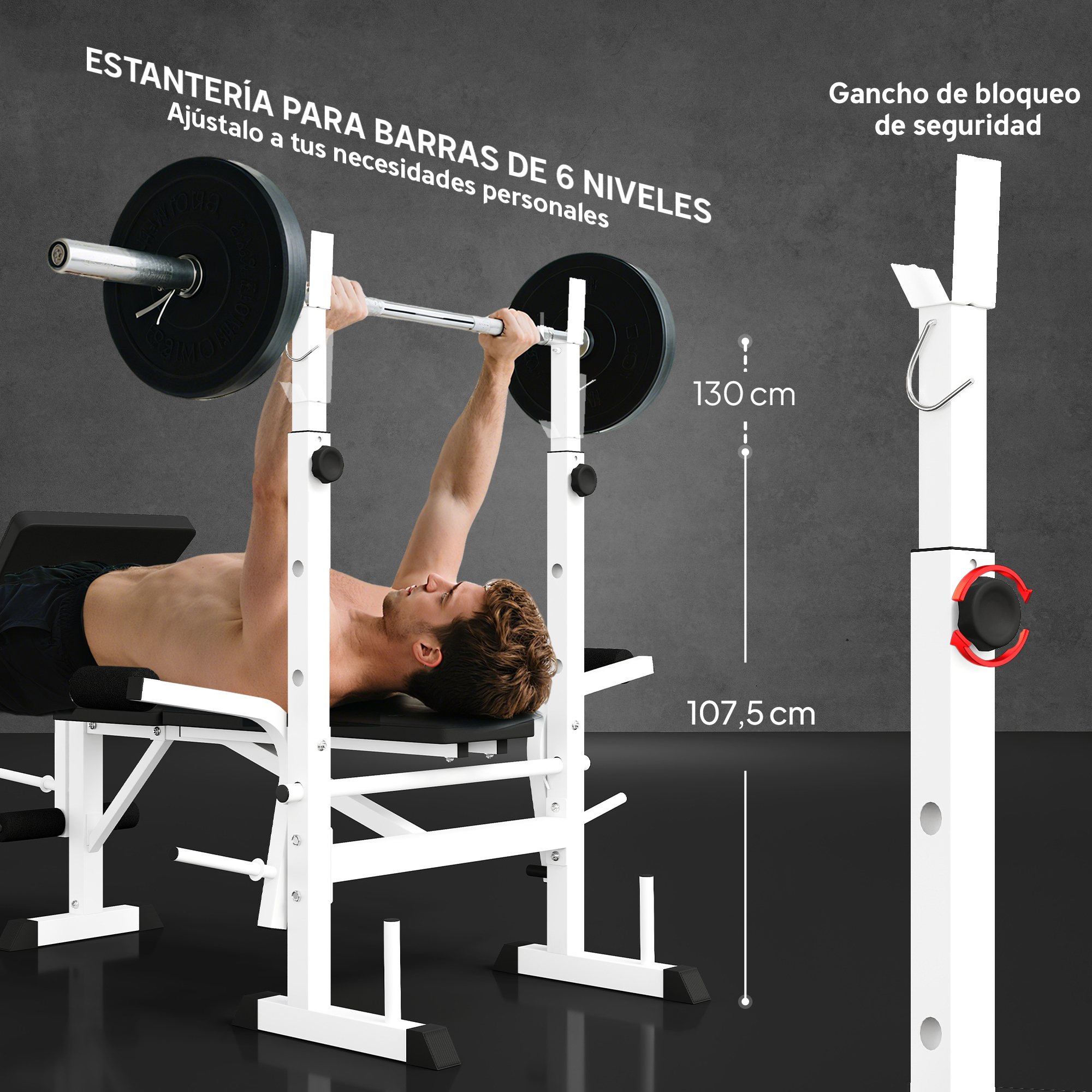 Hombre levanta barra en banco; rack de 6 niveles. Dimensiones mostradas.