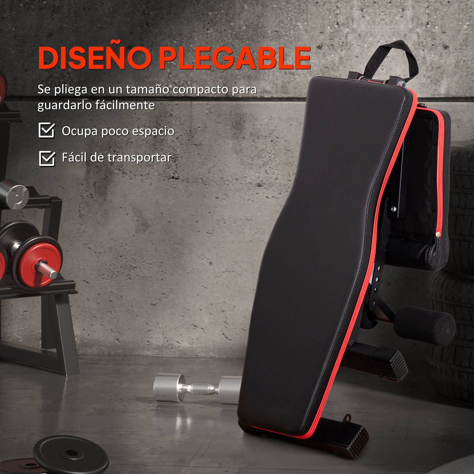 Banco de pesas plegable con mancuernas y pesas en un gimnasio.