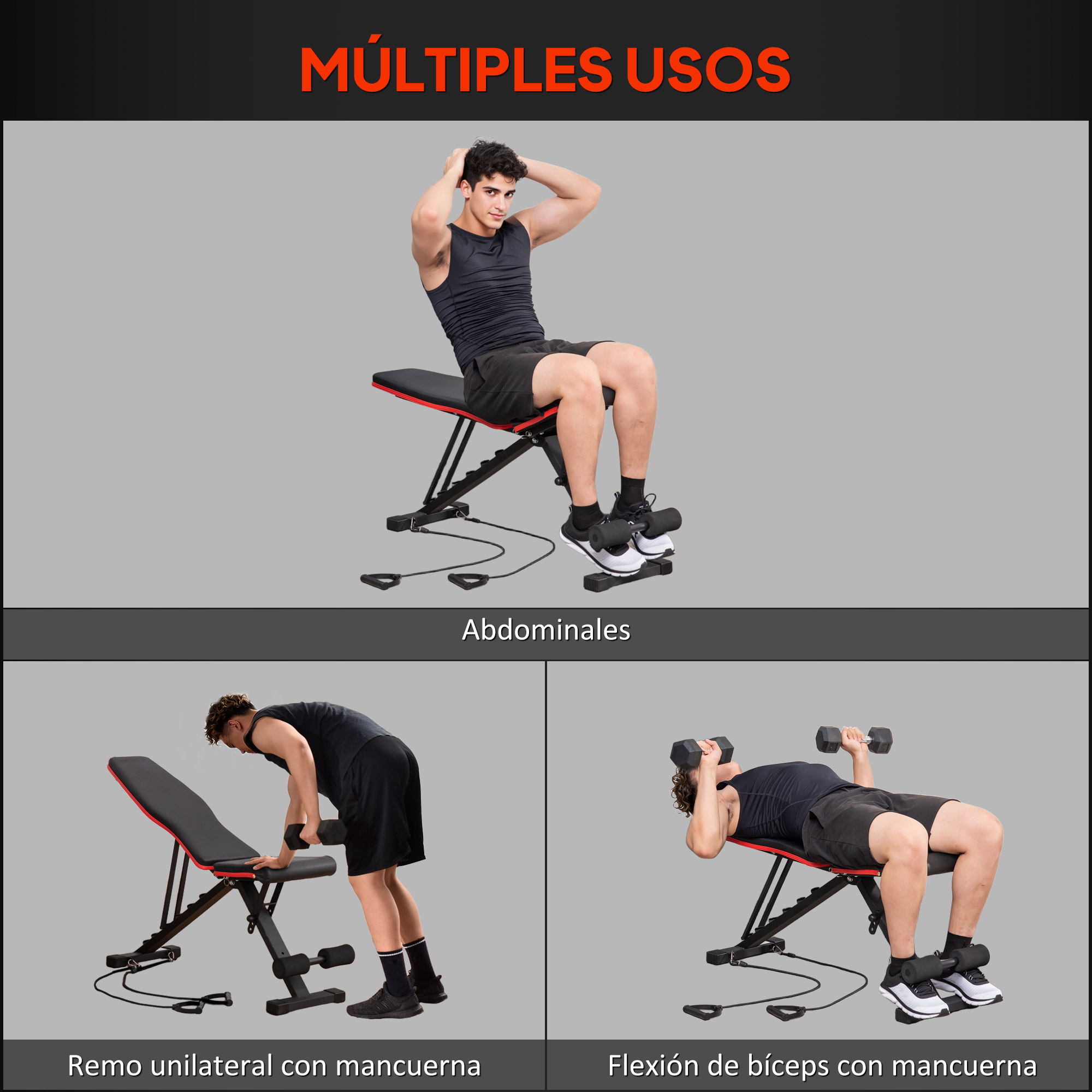 Hombre haciendo abdominales, remo y curl de bíceps en banco de pesas.
