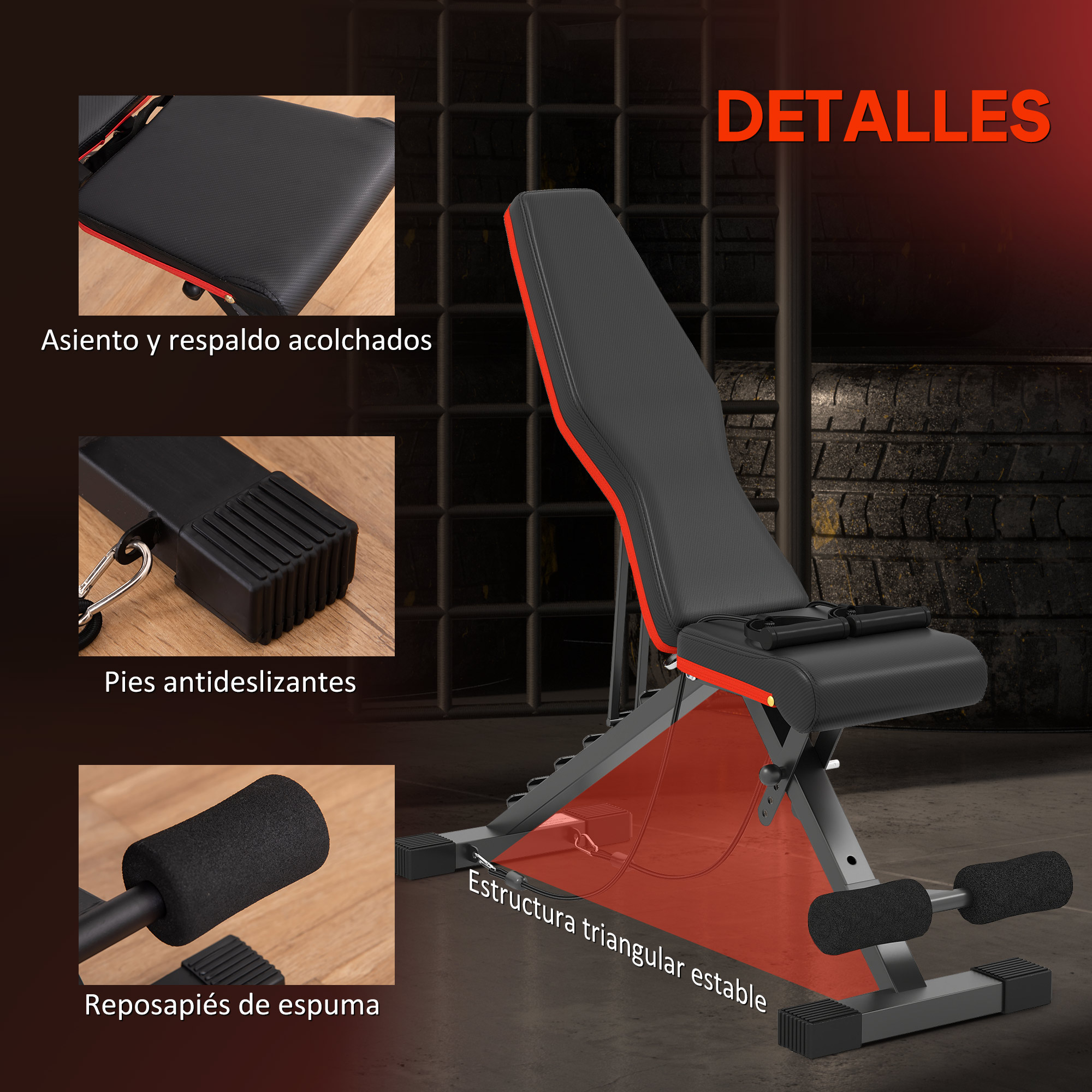 Banco de pesas ajustable con acolchado, reposapiés de espuma y estructura triangular.