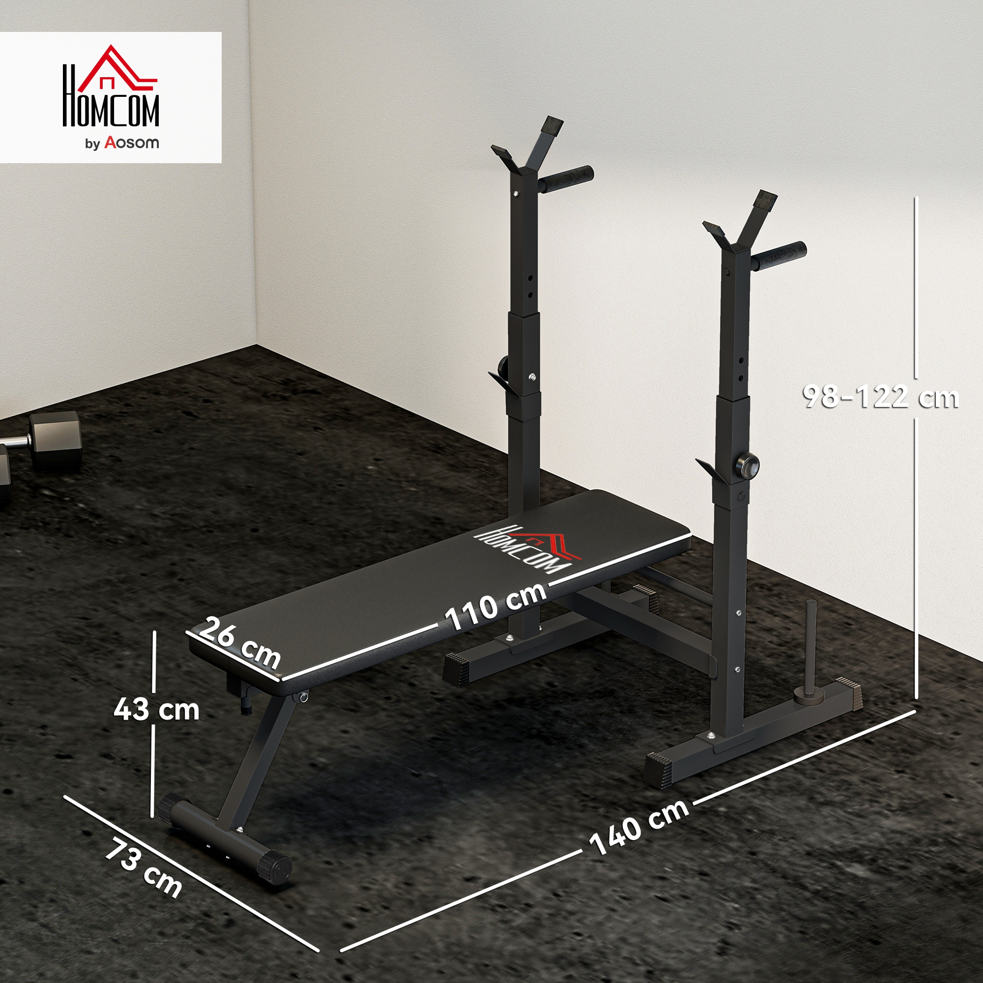 Banco de pesas negro con soporte, se muestran las dimensiones.